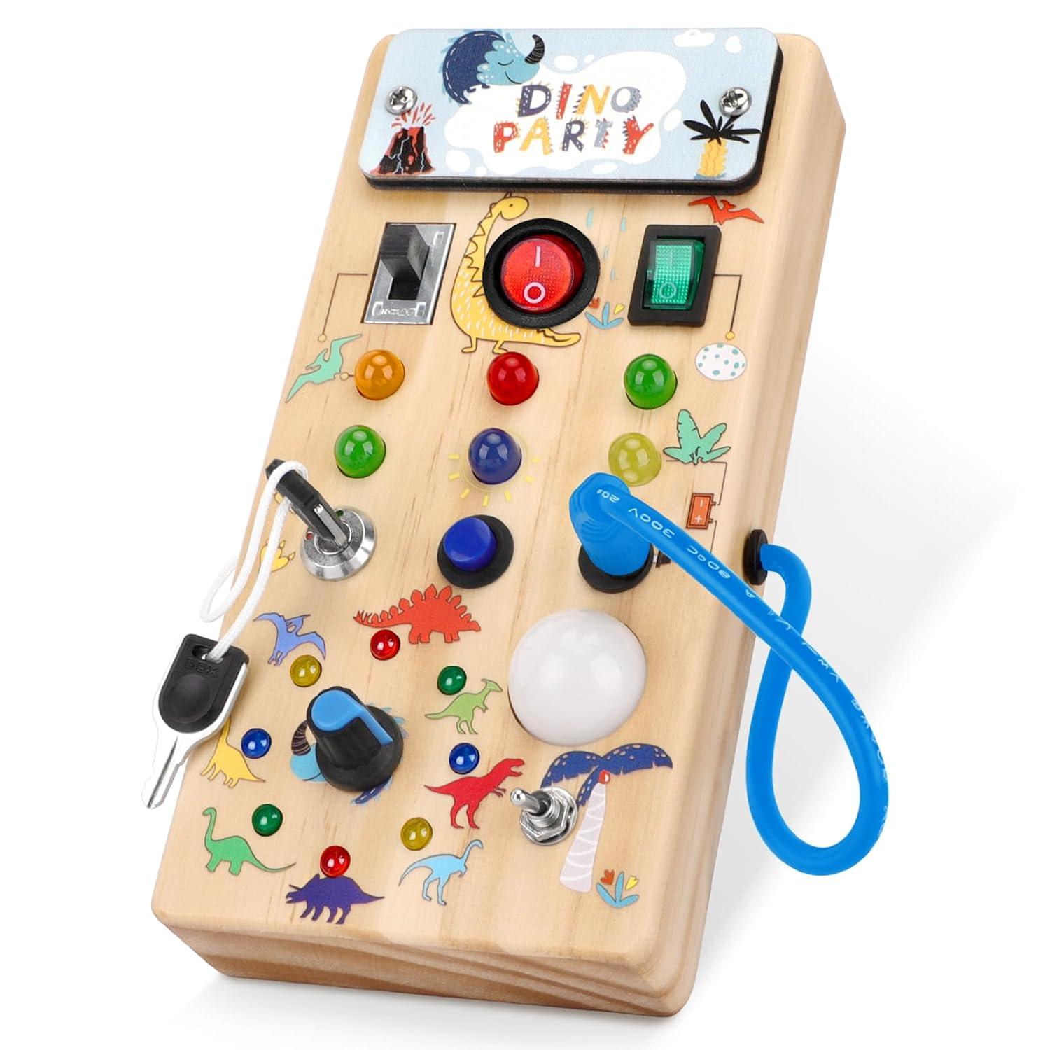 Montessori Wooden Busy Board with 8 LED Light switches, Sensory Toys Light Switch Travel Toys for 1+ Year Old Baby and Toddler