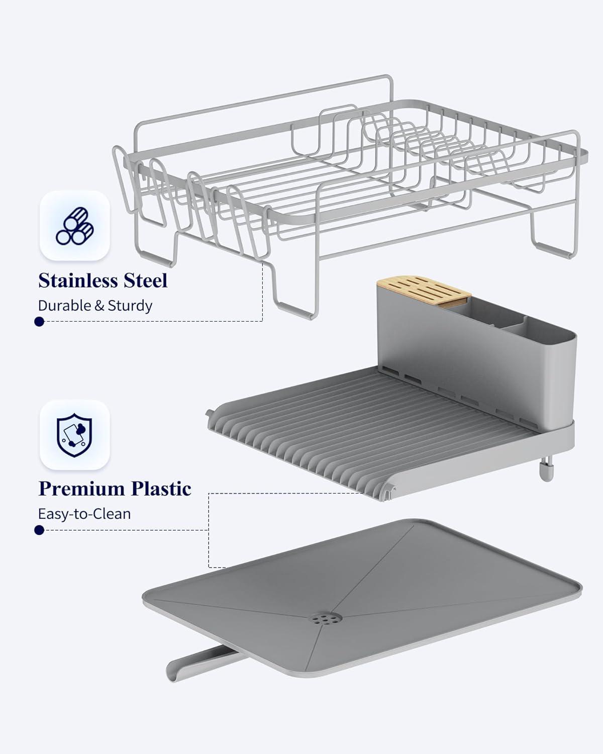 Kitsure Large Dish Drying Rack - Extendable Dish Rack, Multifunctional Dish Rack for Kitchen Counter, Anti-Rust Dish Drainers with Cutlery & Cup Holders 19.2"-26.7" L x 12.9" W, Grey