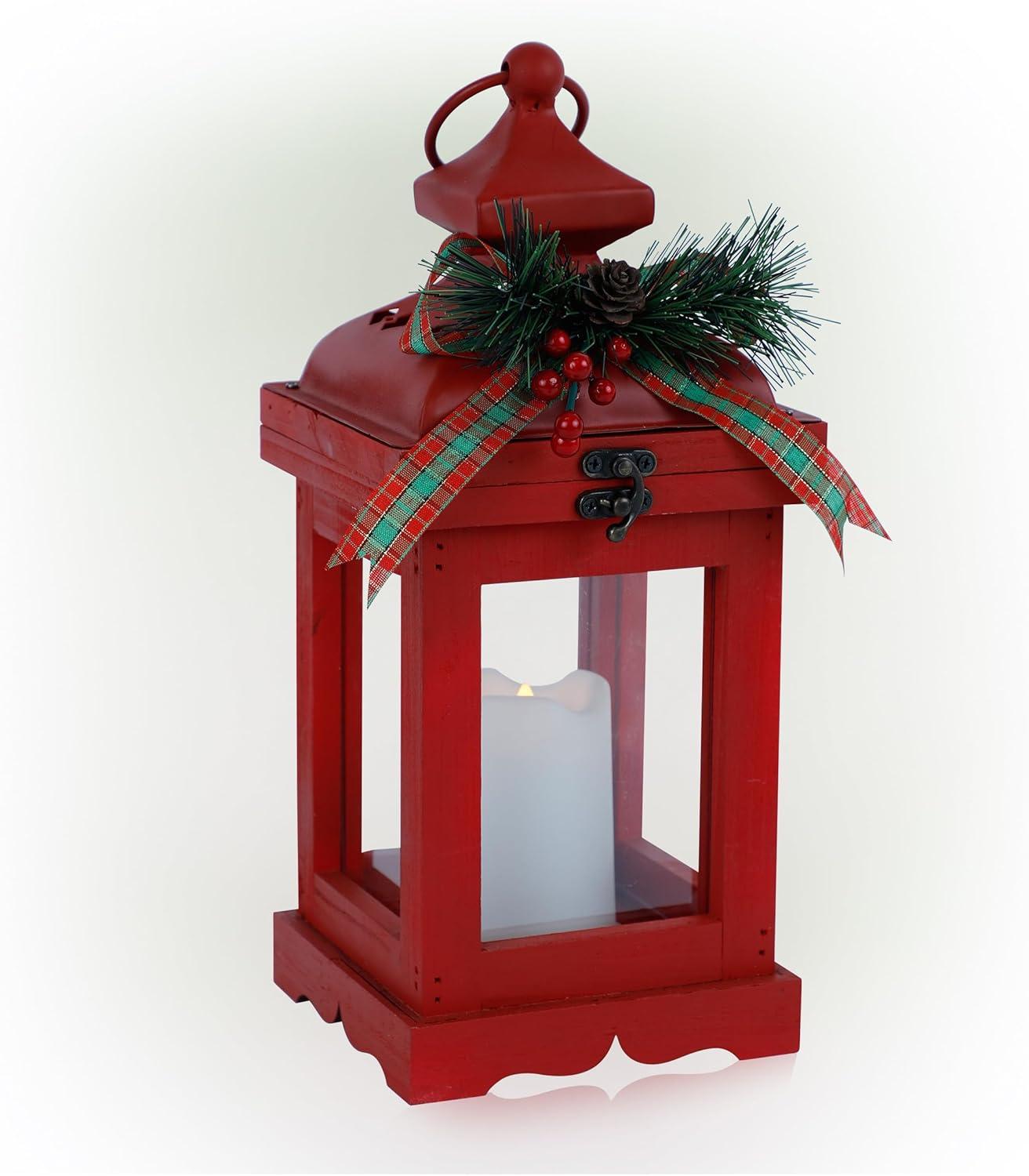 Red Metal and Glass Christmas Lantern with LED Candle