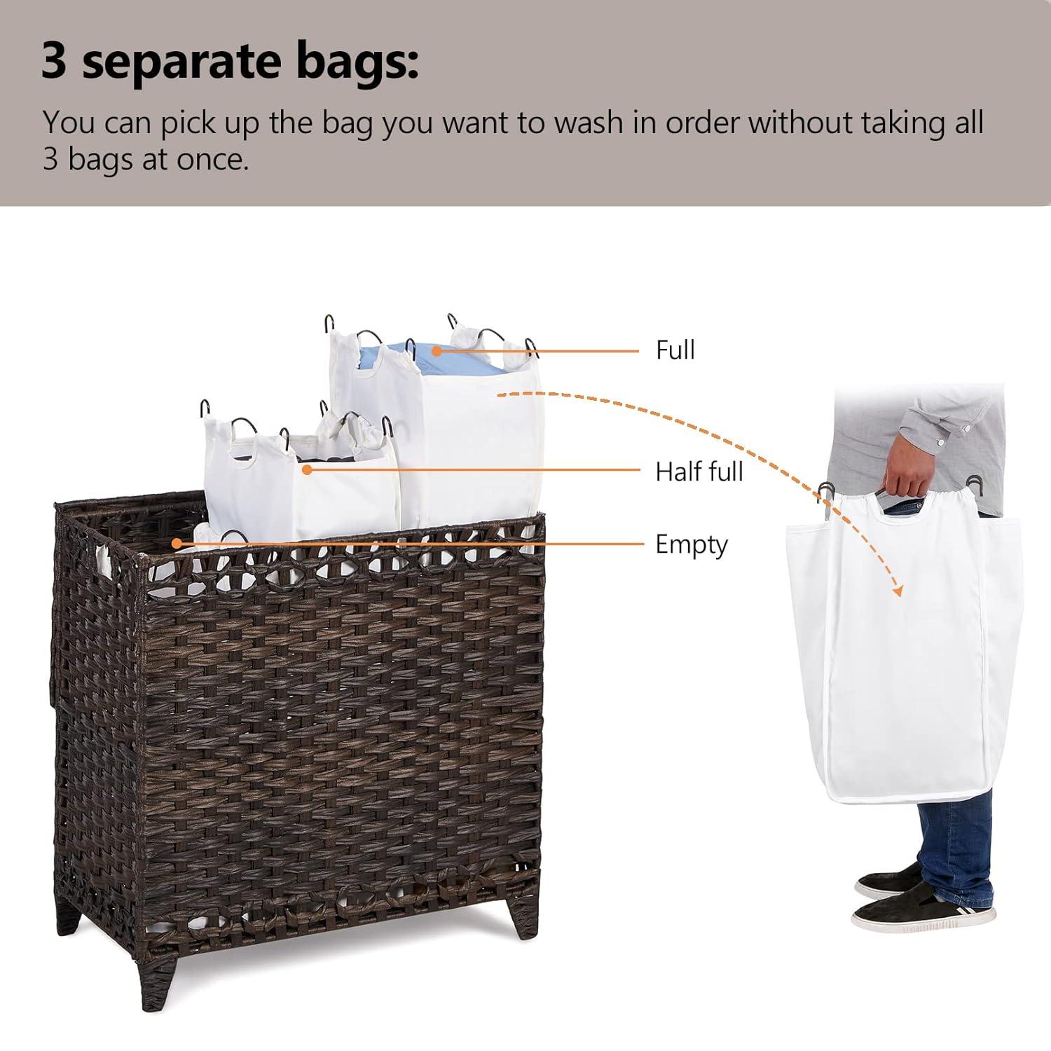 Brown Rectangular Wicker Laundry Hamper with Lid and Liners