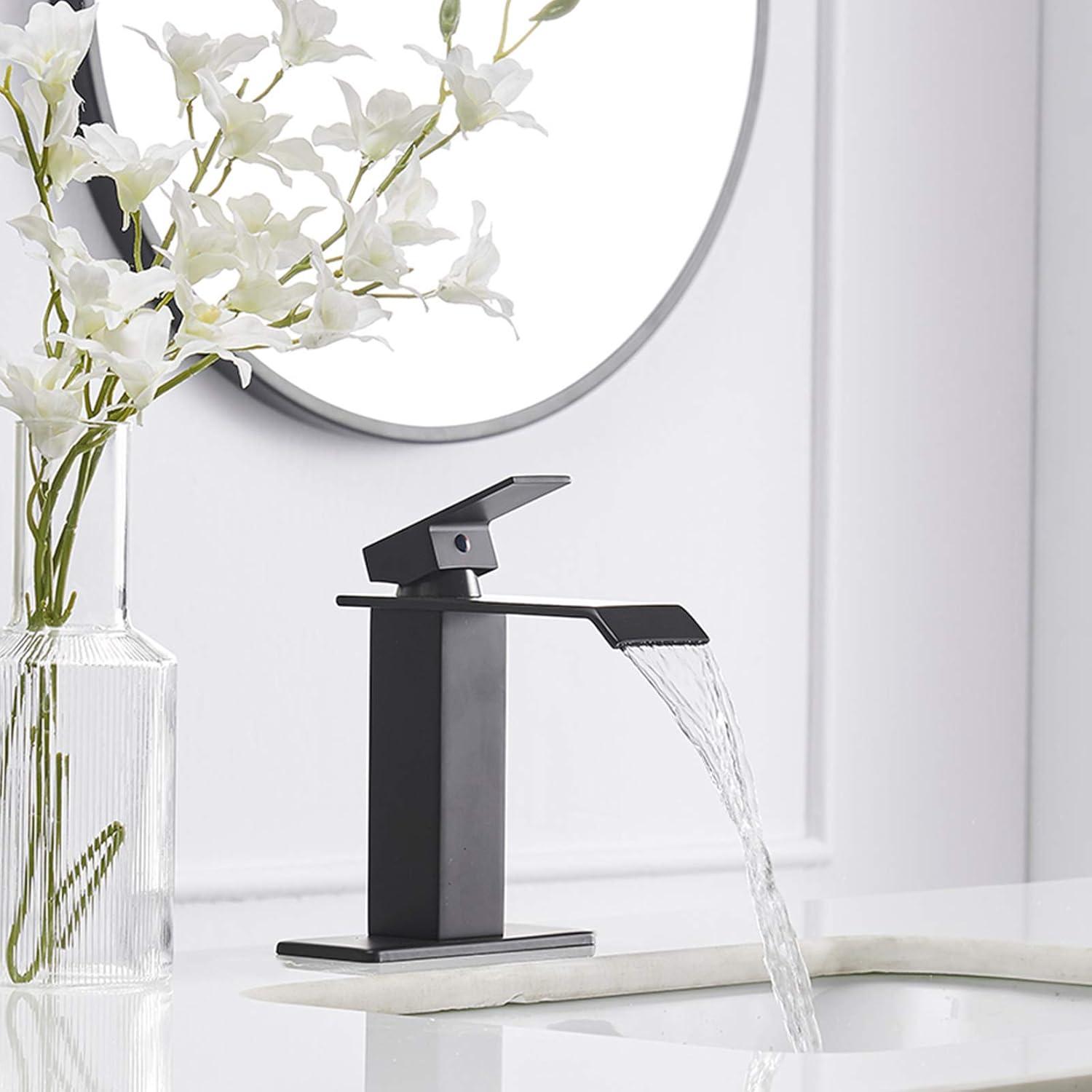 Matte Black Single Hole Waterfall Bathroom Faucet with Pop-Up Drain