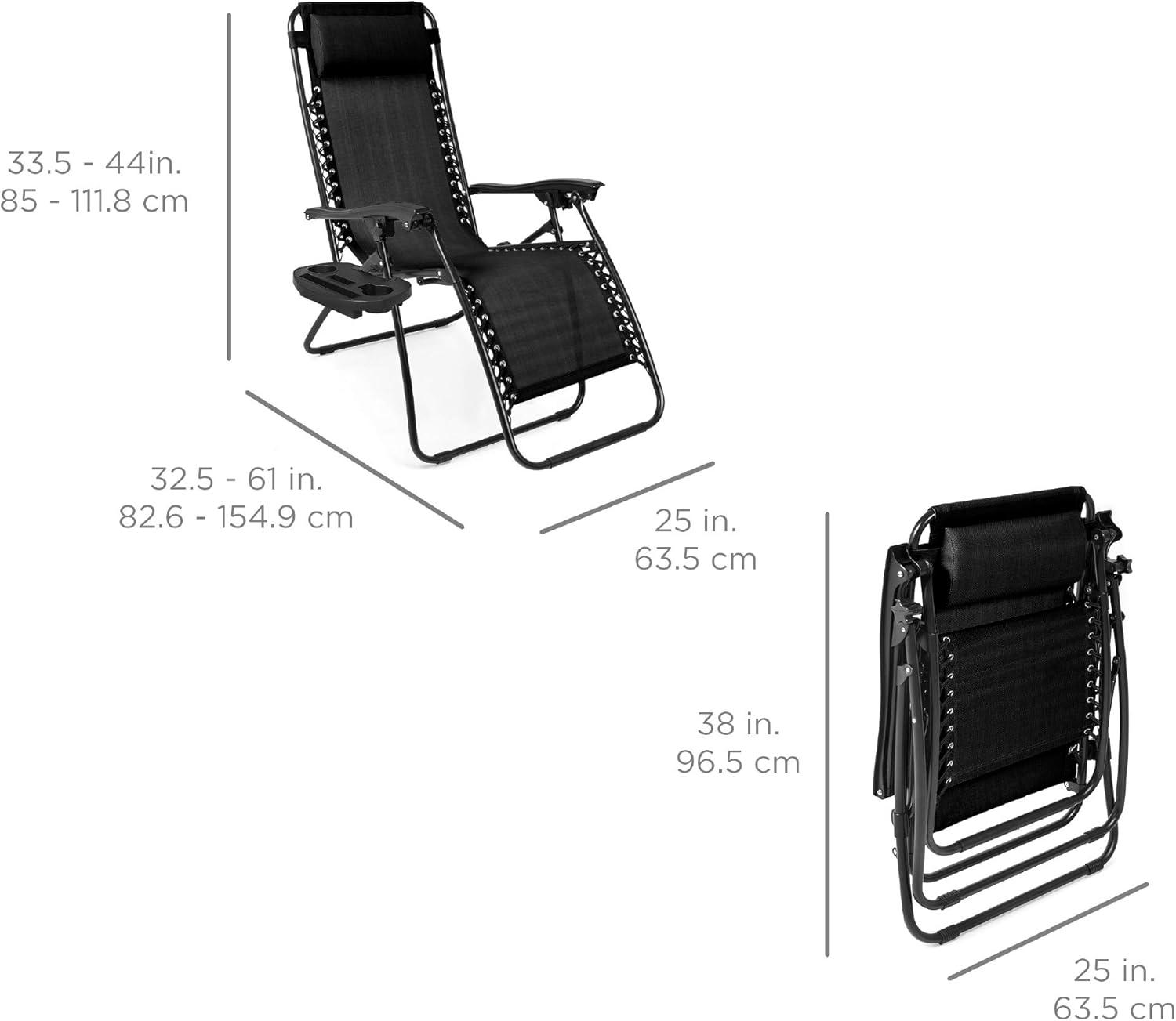 Set of 2 Black Steel Mesh Zero Gravity Recliners with Cup Holder