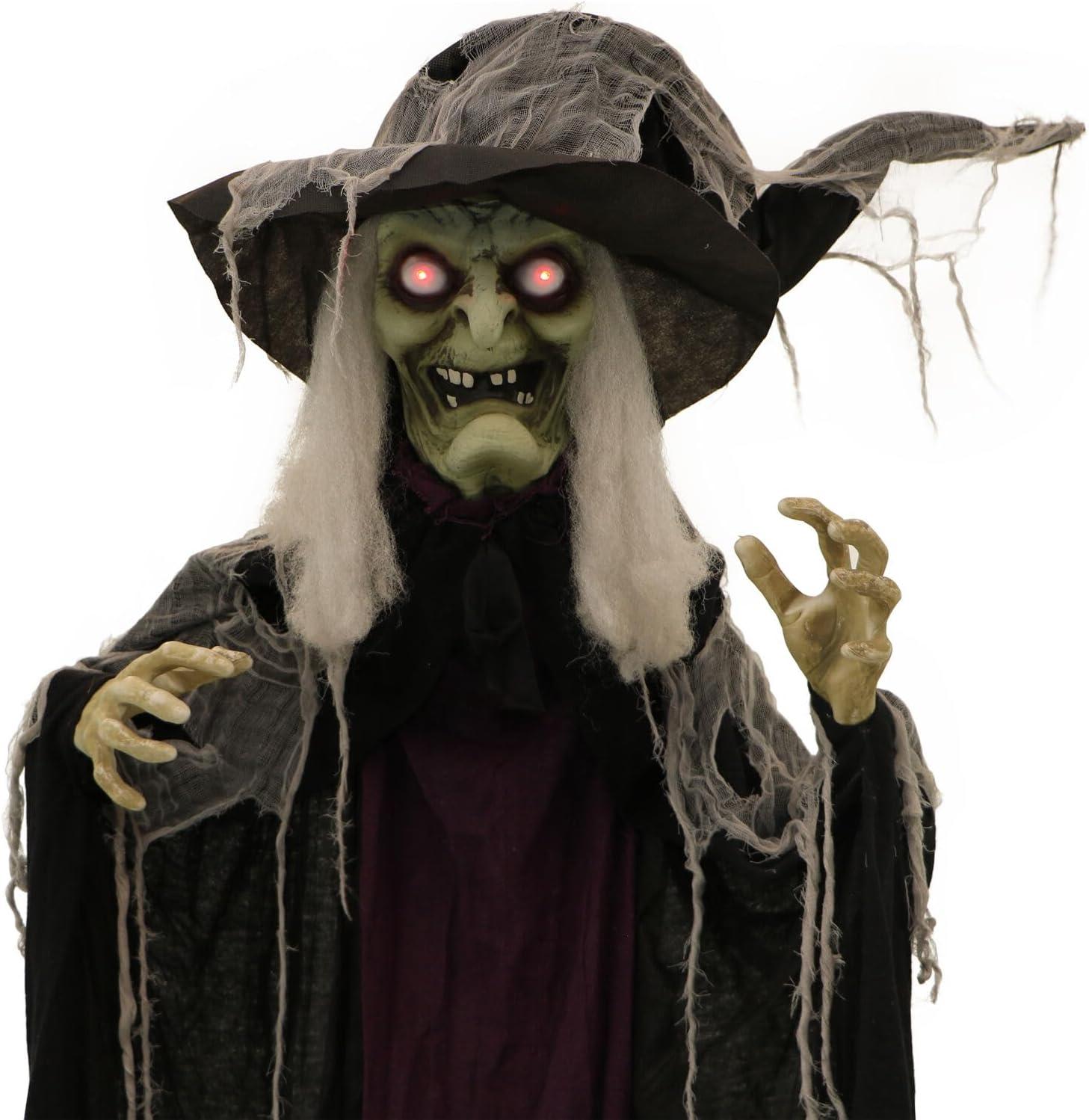 c&g home Life-Size Poseable Witch with Lights and Sound, Indoor/Covered Outdoor Halloween Decoration