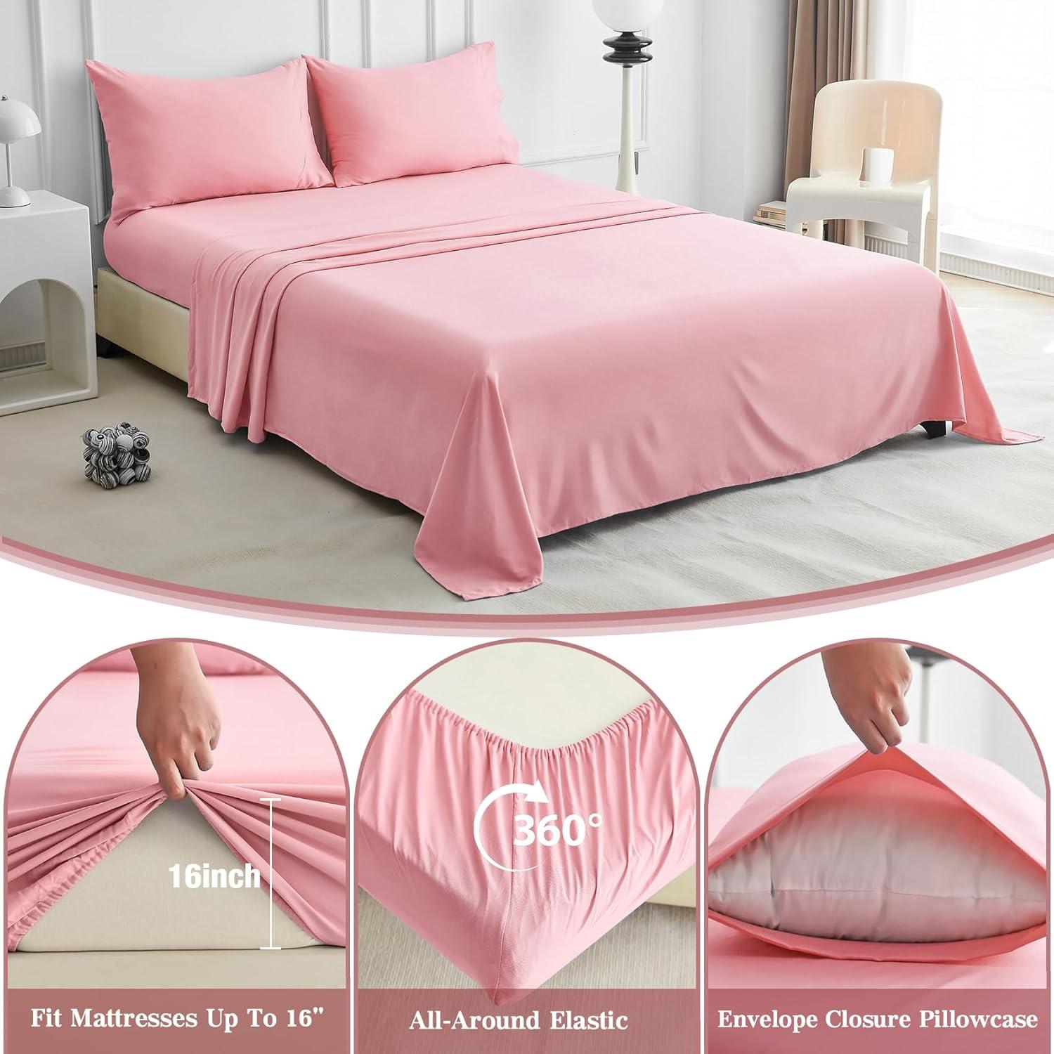 Blush Pink Microfiber Queen Sheet Set with Deep Pockets