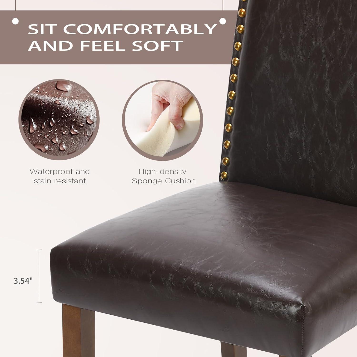 DUMOS Upholstered Dining Chairs Set of 6, Modern Leather Dining Room Chair with Nailhead Trim and Wood Legs, Mid-Century Accent for Living Room, Kitchen, Dark Brown