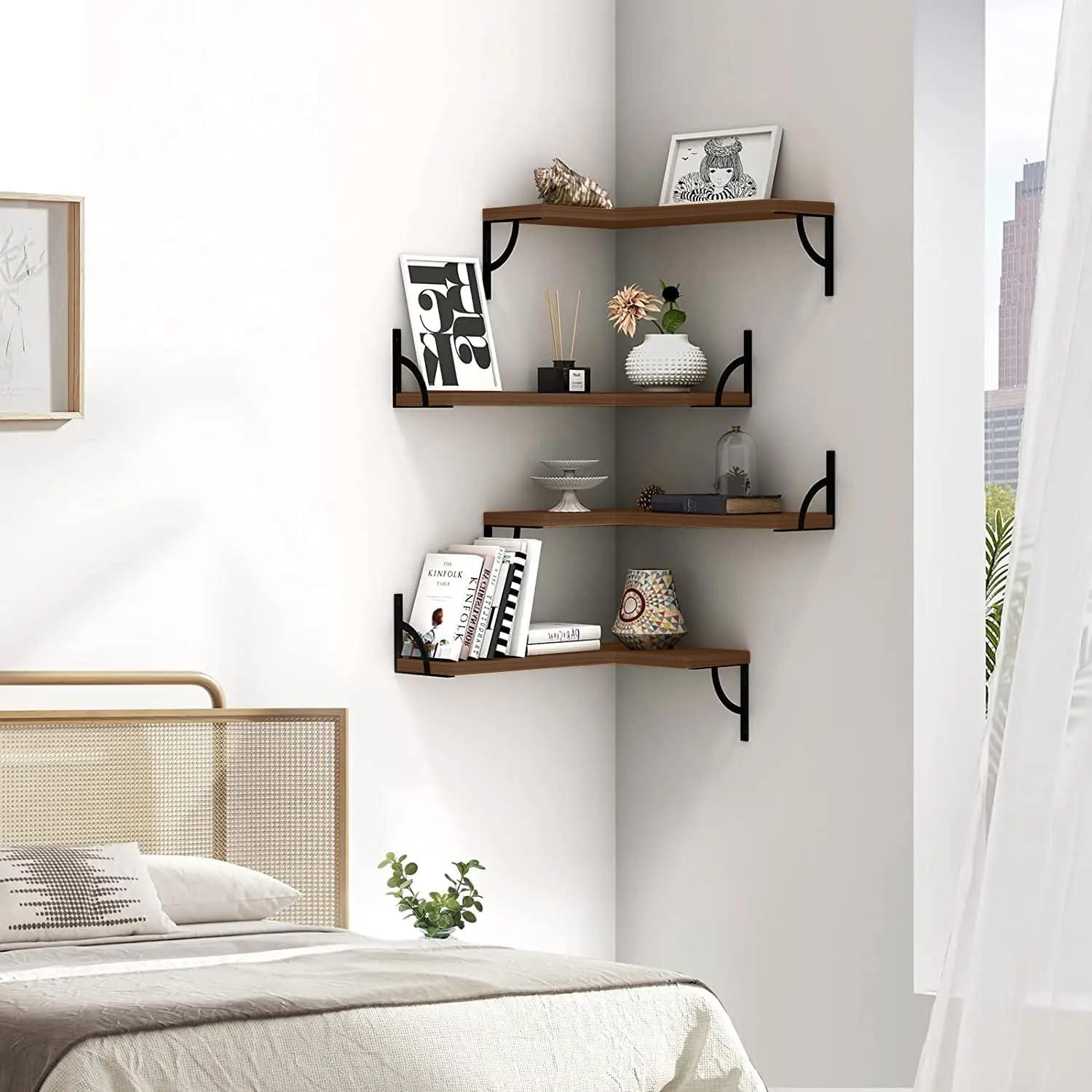 Small Modern Light Brown Floating Corner Wall Shelf Set