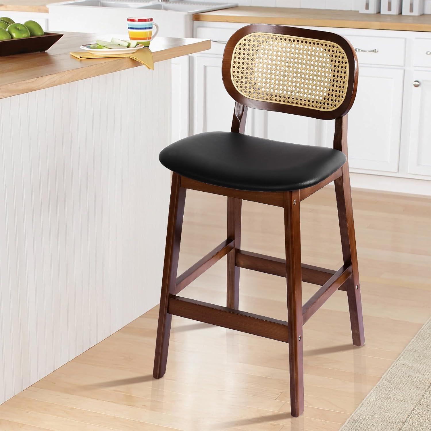 Lucky Monet Wood Upholstered Counter Height Bar Stools with Rattan Back - 36.81"H x 17.72"W x 18.7"D Set of 2 - White Faux Leather/ Brown Frame