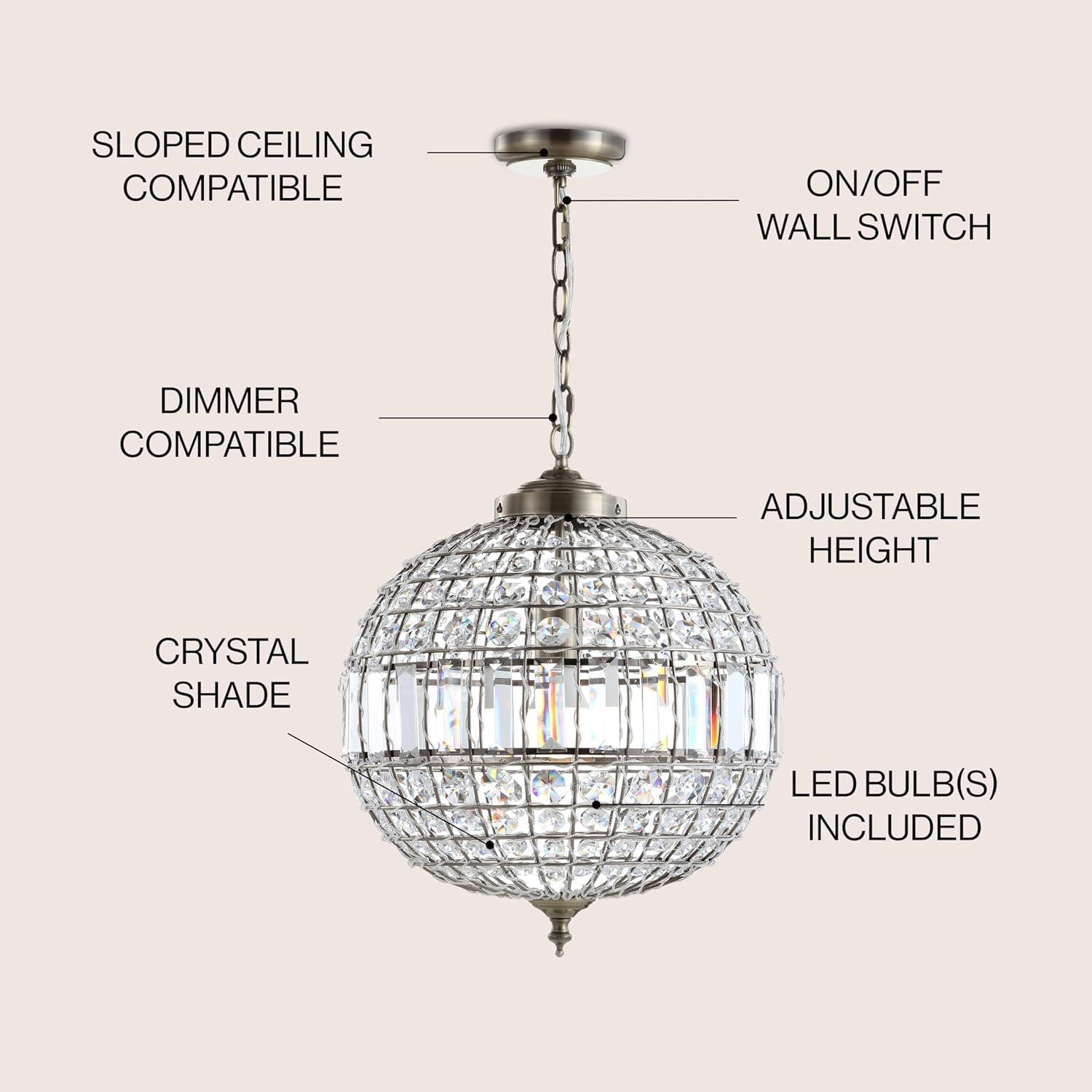 JONATHAN  Y Georgina 16" Crystal Contemporary Transitional 1 -Light Antique Brass Glam Globe Medium Hanging Pendant light