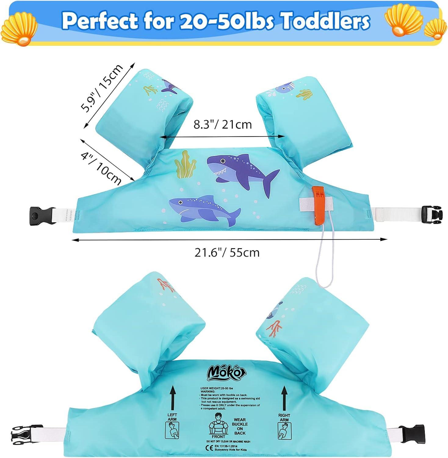 MoKo Swim Vest for Kids 20-50lbs Boys Girls, Swim Arm Floaties Band with Whistle and Double Security Buckle for 2,3,4,5,6,7 Years Old, Blue Shark
