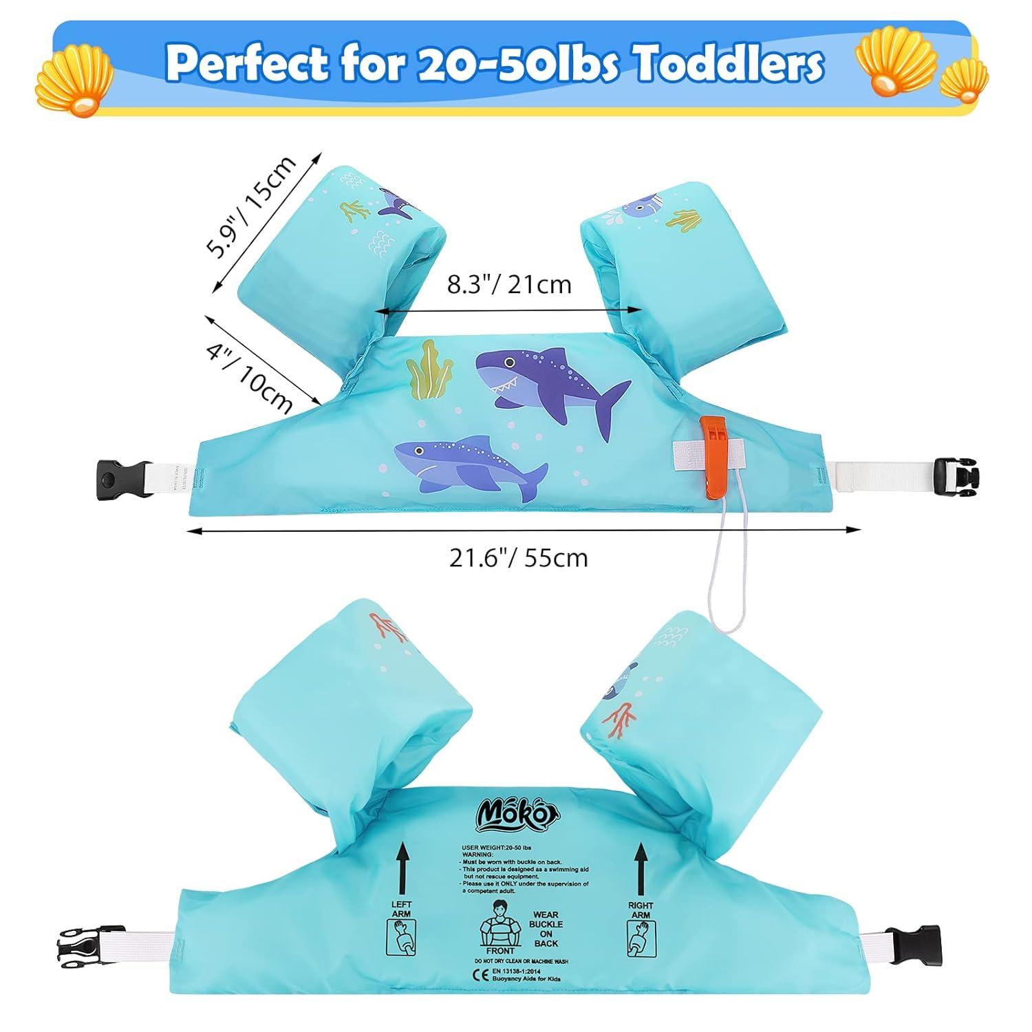 MoKo Swim Vest for Kids 20-50lbs Boys Girls, Swim Arm Floaties Band with Whistle and Double Security Buckle for 2,3,4,5,6,7 Years Old, Blue Shark