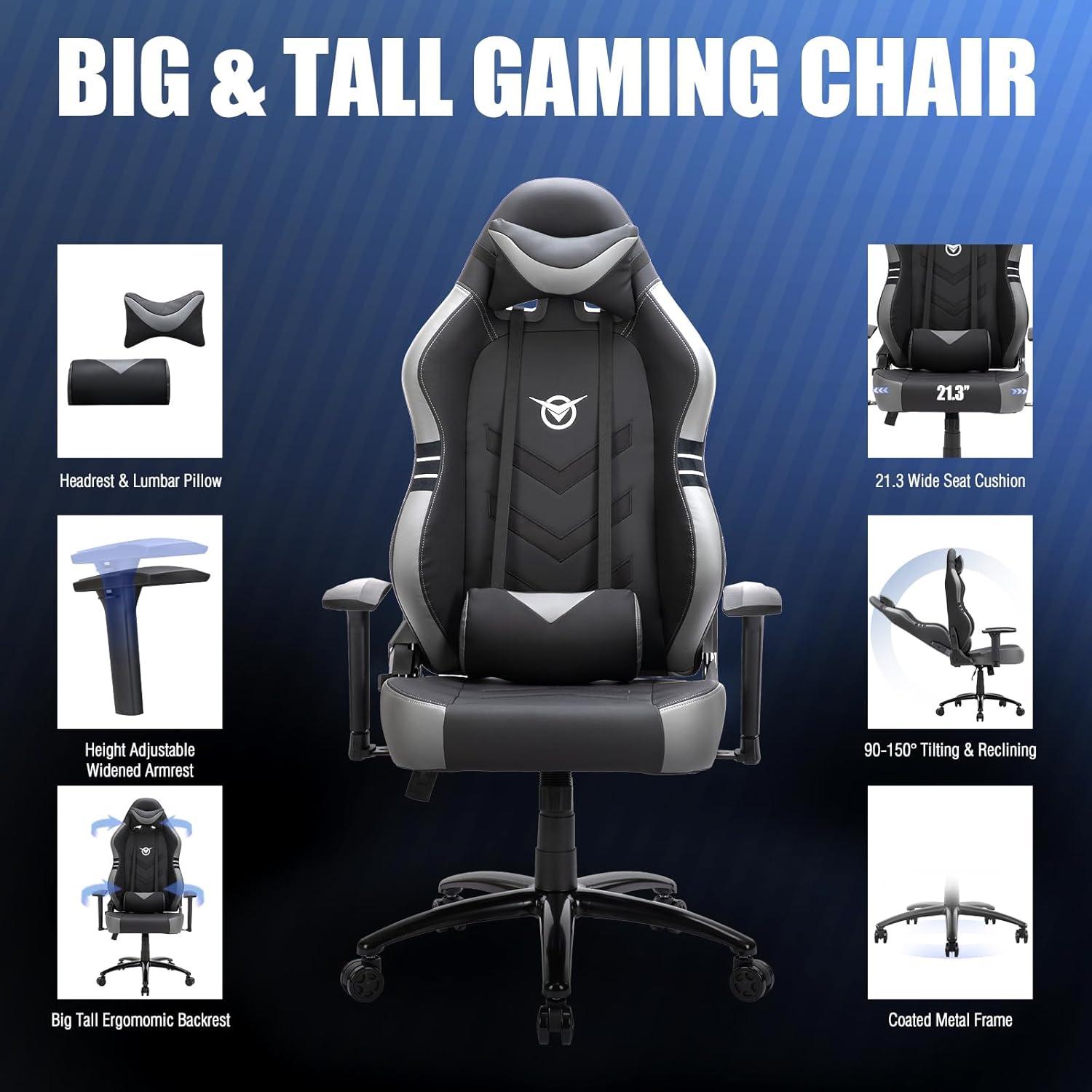 Big and Tall Gaming Chair with Footrest 350lbs-Racing Style Computer Gamer Chair, Ergonomic High Back PC Chair with Wide Seat, Reclining Back, 3D Armrest, Headrest and Lumbar Support for Adult-Black
