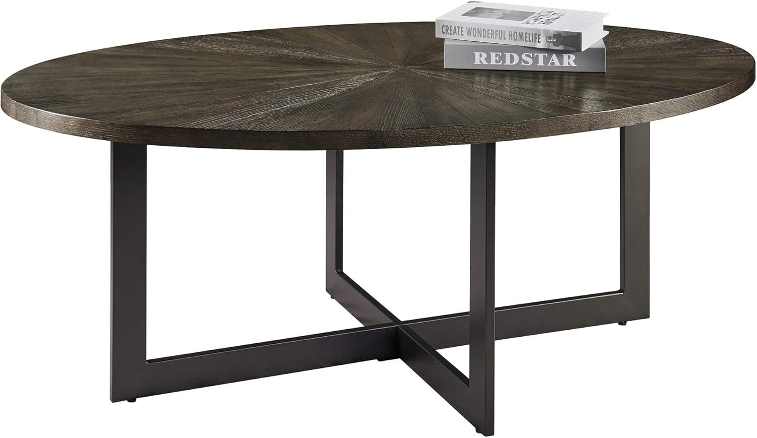 Solid Wood Contemporary Oval Coffee Table with Cross Metal Legs Black