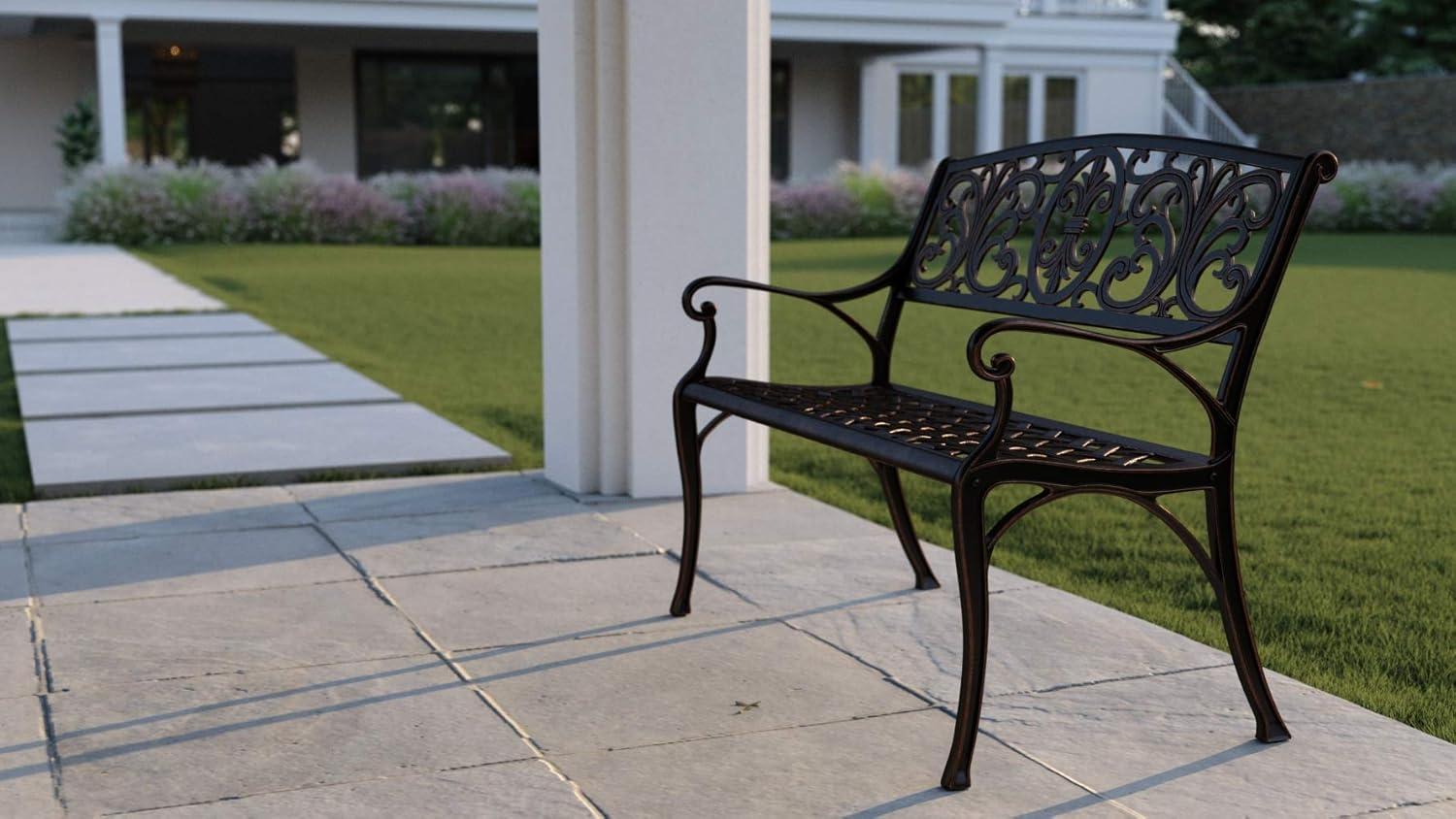 Balkene Home Decatur Outdoor Cast Aluminum Patio Bench Heavy Duty Rust Free Aluminum Construction - Antique Bronze Finish