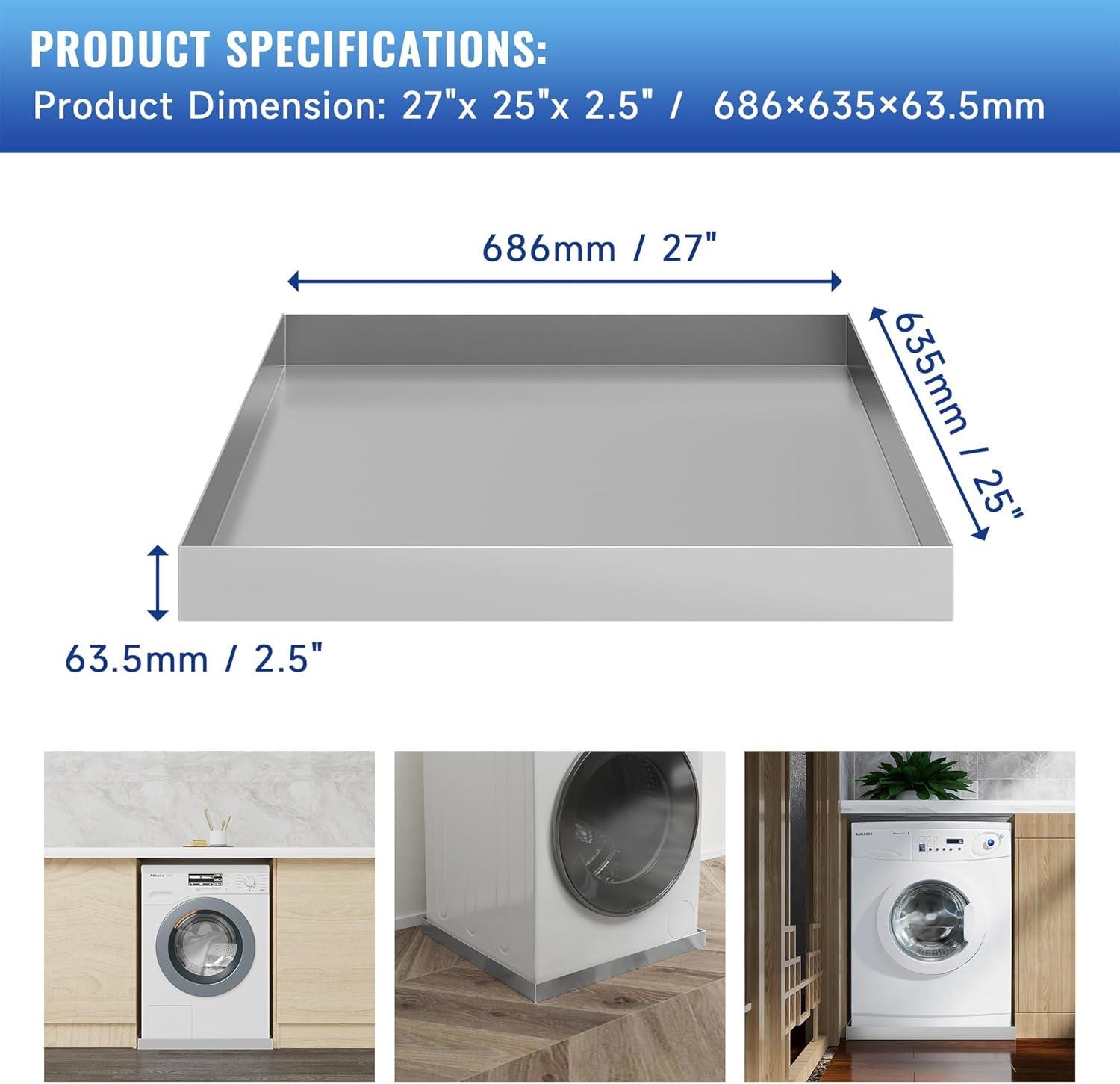 VEVOR 27"x25" Washing Machine Pan 304 Heavy Duty Compact Washer Drip Tray