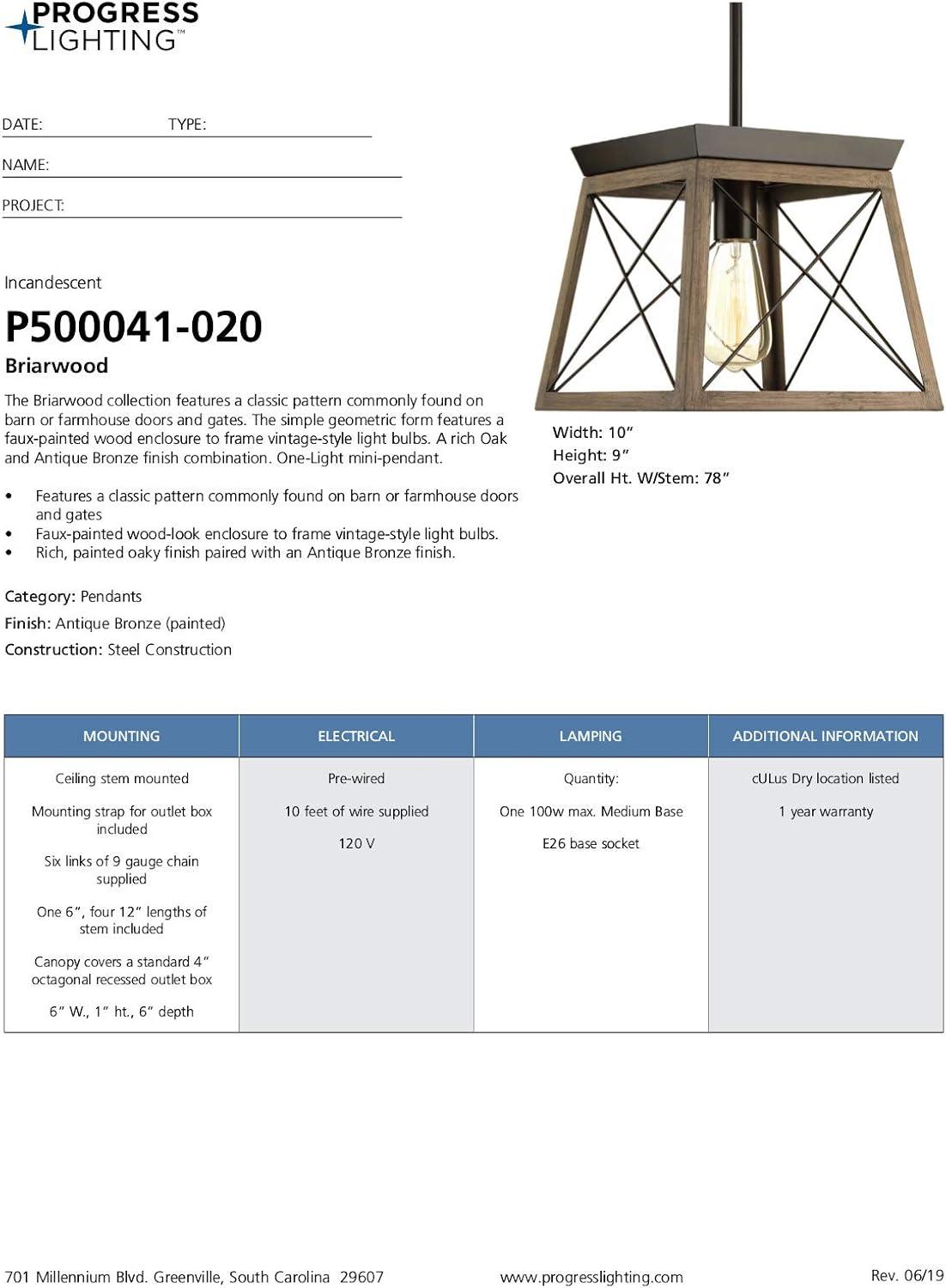 Progress Lighting Briarwood 1-Light Mini-Pendant, Antique Bronze, Steel, Faux-Painted Wood Enclosure