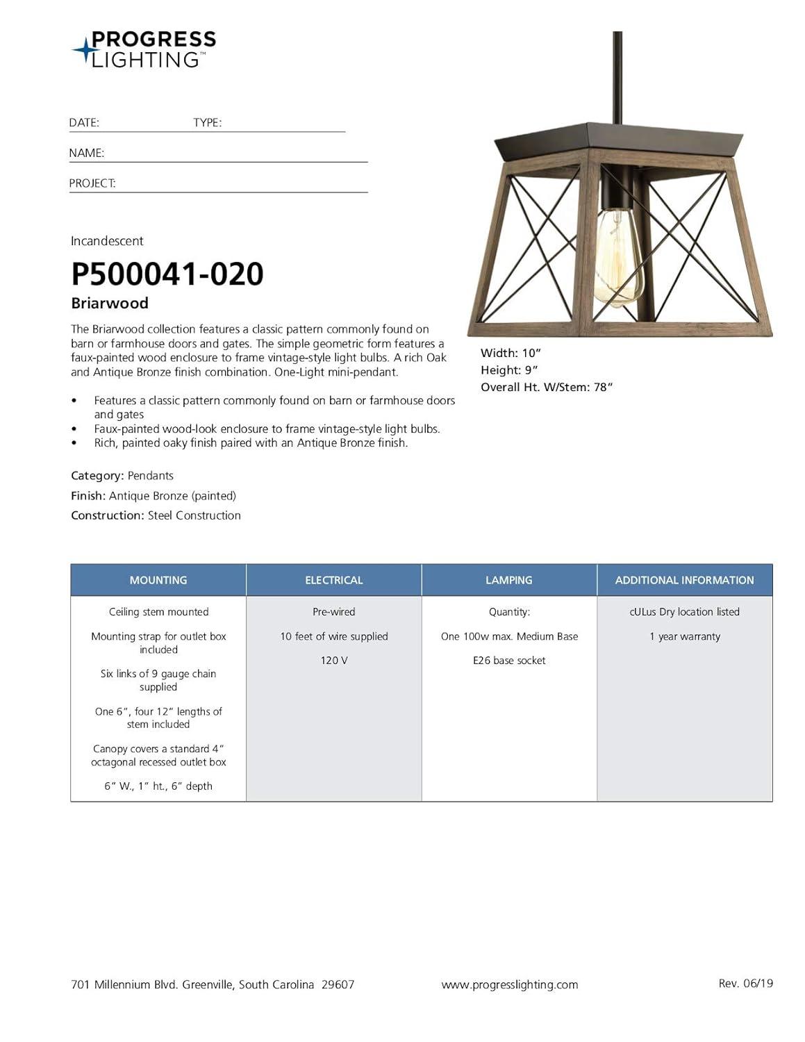 Progress Lighting Briarwood 1-Light Mini-Pendant, Antique Bronze, Steel, Faux-Painted Wood Enclosure