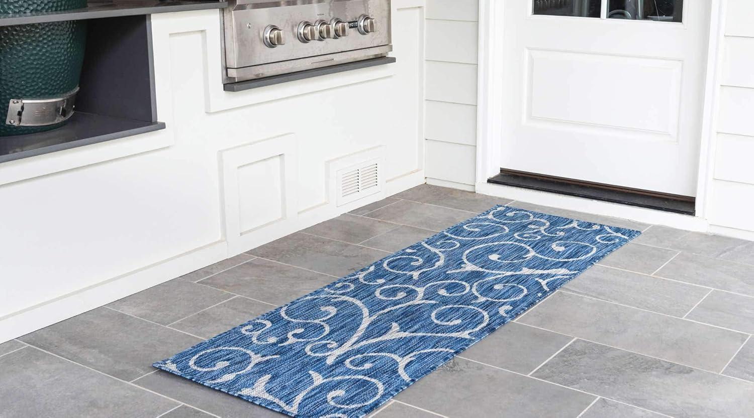 Unique Loom Curl Indoor/Outdoor Botanical Rug Blue/Ivory 2' x 6' 1" Runner Damask Modern Perfect For Patio Deck Garage Entryway