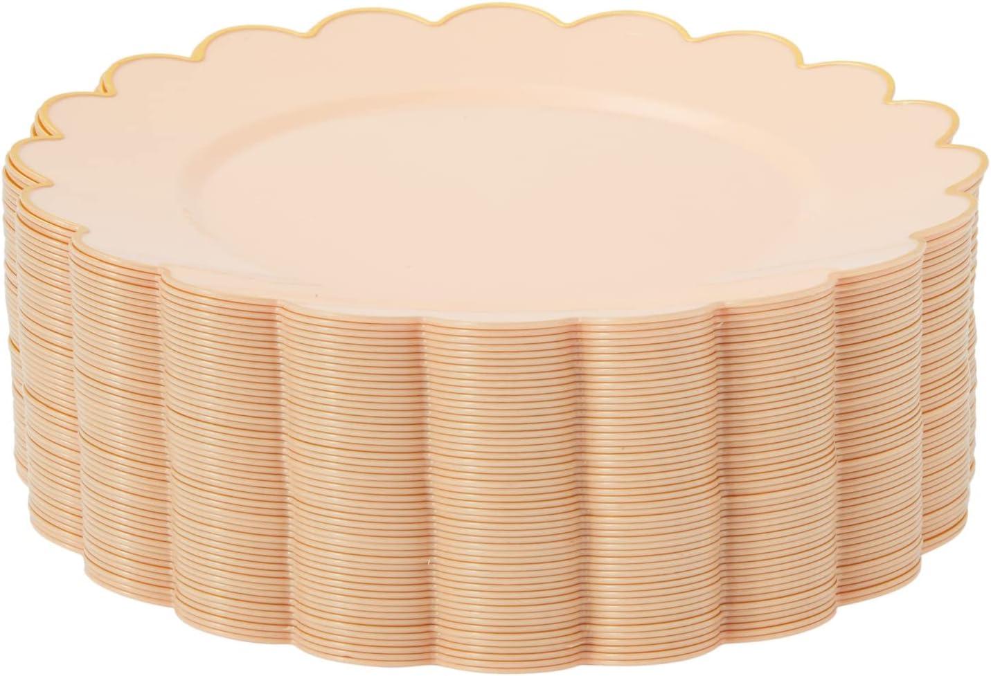 BLUE PANDA 50 Pack Ivory Pink Plastic Plates for Party, 9 Inch Disposable for Party Supplies, Wedding, Gold Foil Scalloped Edges - Scalloped Plates
