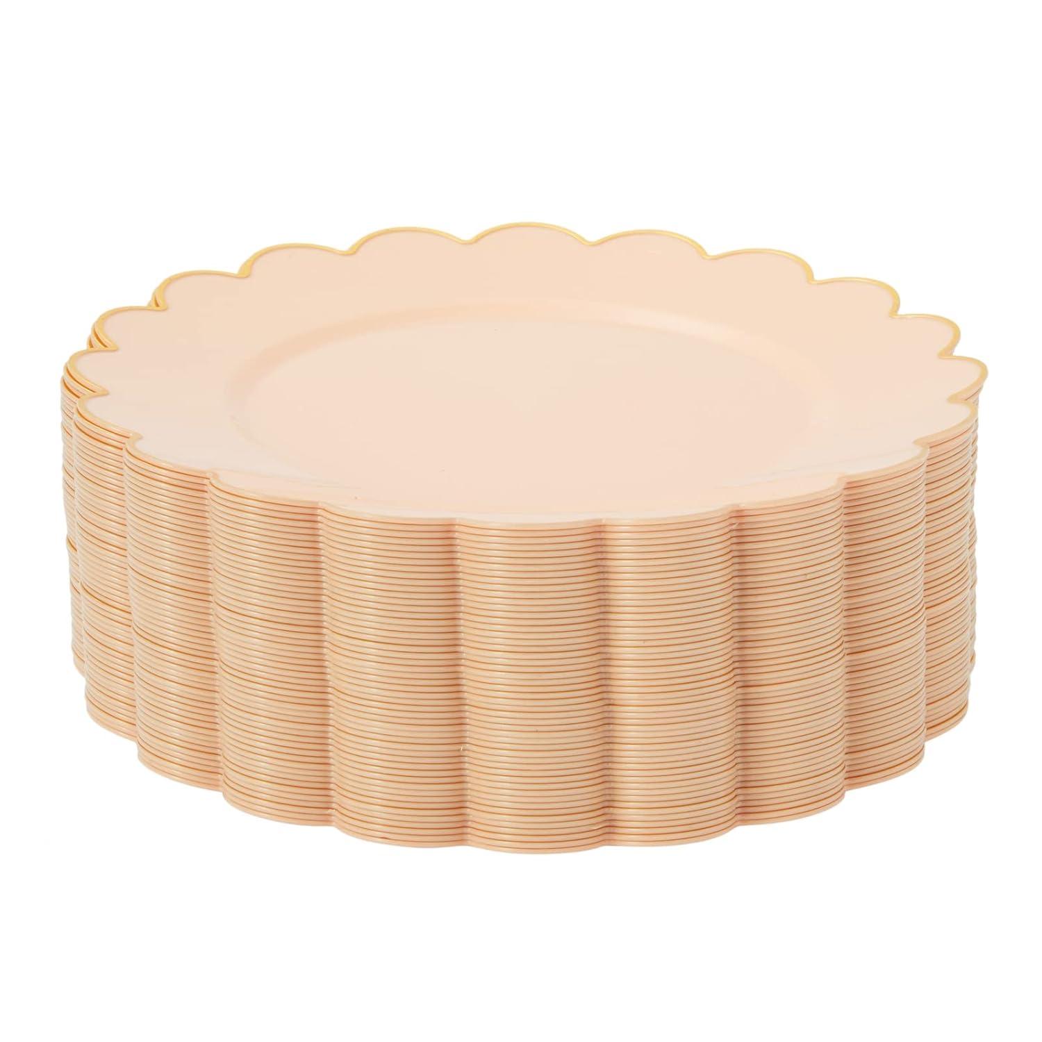 BLUE PANDA 50 Pack Ivory Pink Plastic Plates for Party, 9 Inch Disposable for Party Supplies, Wedding, Gold Foil Scalloped Edges - Scalloped Plates