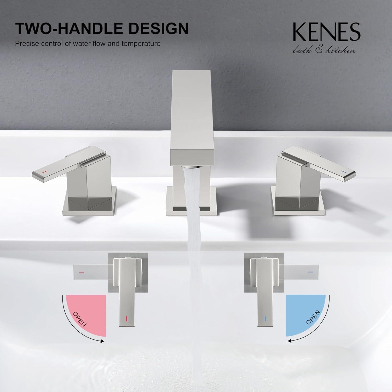 KENES 2 Handle Widespread Bathroom Faucets Brushed Nickel, Bathroom Sink Faucet 3 Hole Vanity Faucet with Lead-Free Supply Hose, KE-9050