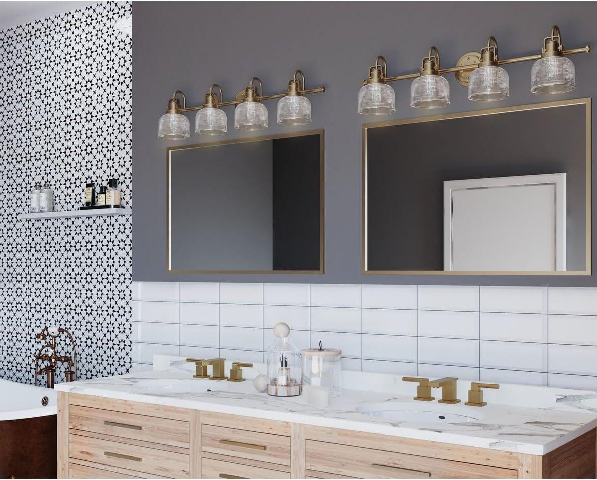 Archie Collection Four-Light Vintage Brass Clear Double Prismatic Glass Coastal Bath Vanity Light