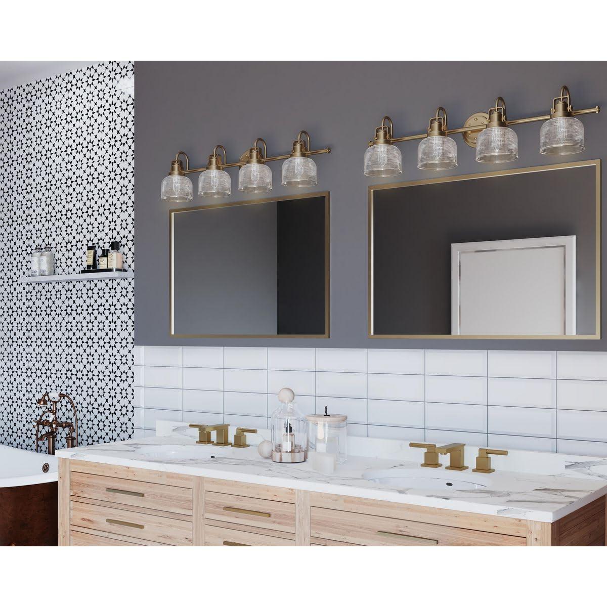 Archie Collection Four-Light Vintage Brass Clear Double Prismatic Glass Coastal Bath Vanity Light