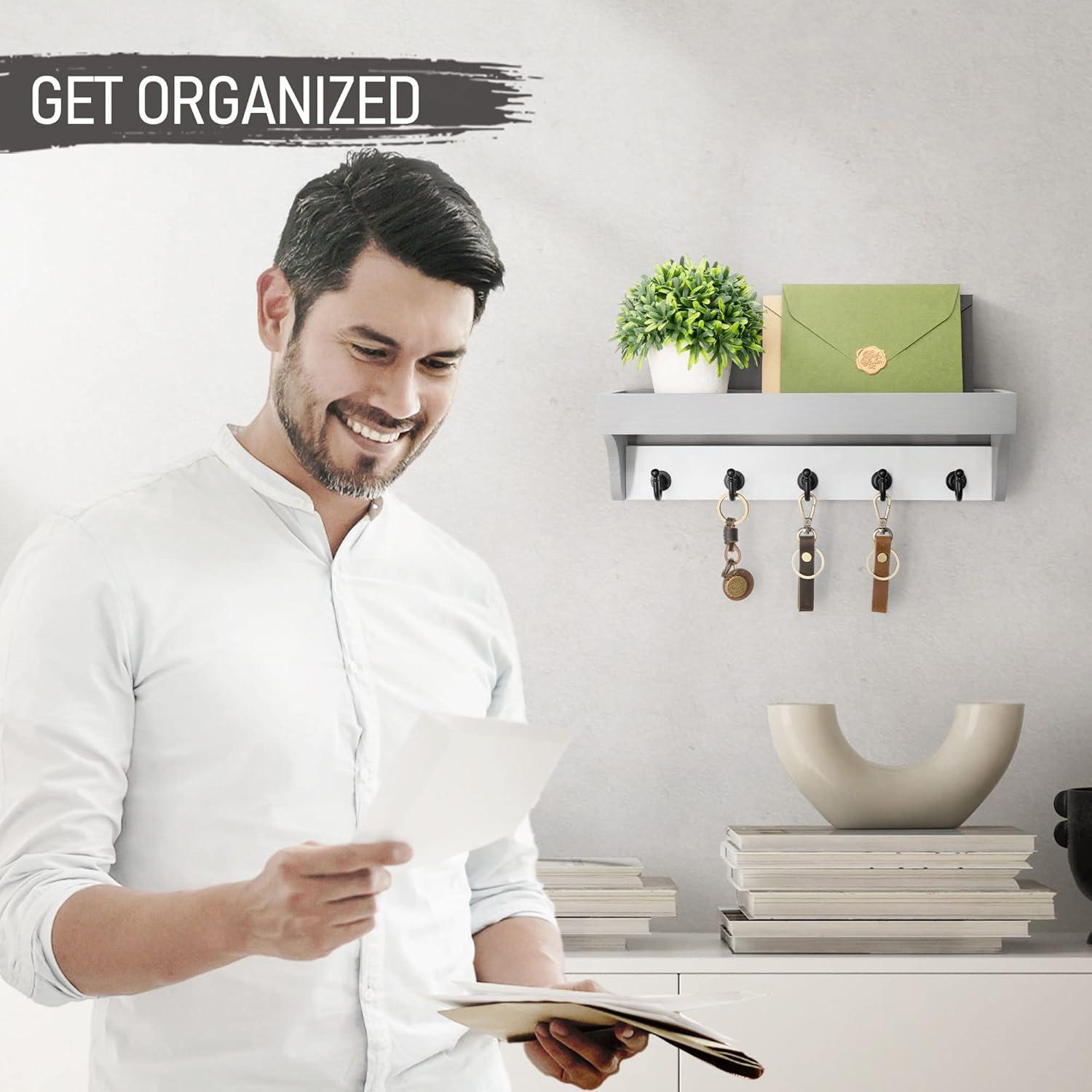 Rebee Vision Key Holder Wall Mount with Shelf - Key and Mail Organizer with 5 Hooks and Shelf (Gray&White, 14-inch)