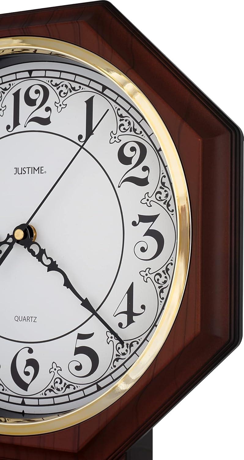 JUSTIME Traditional Schoolhouse Classic Vintage Arabic Regulator Wall Clock, Chiming Wall Clocks with Pendulum & Westminster Chime Hourly, Schoolhouse Wall Decor Battery Operated (Dark Wood Grain)