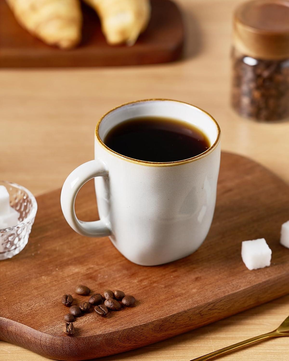 FAST APPLIANCES LLC Coffee Mugs Set Of 4, Ocean Square 13Oz Coffee Cup Set With Handle For Cocoa, Milk, Hot Chocolate, Tea, Water, Stoneware Cups For Kitchen, Microwave And Dishwasher Safe, Vanilla White