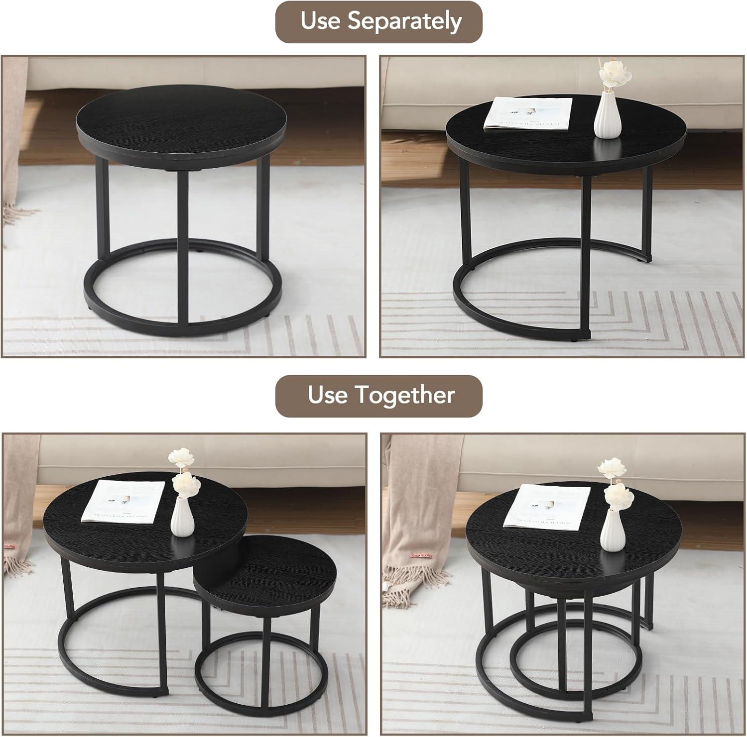 VASAGLE Round Coffee Tables, Set of 2 Nesting Tables, Modern Round Side Tables with Hidden Storage and Top Tray