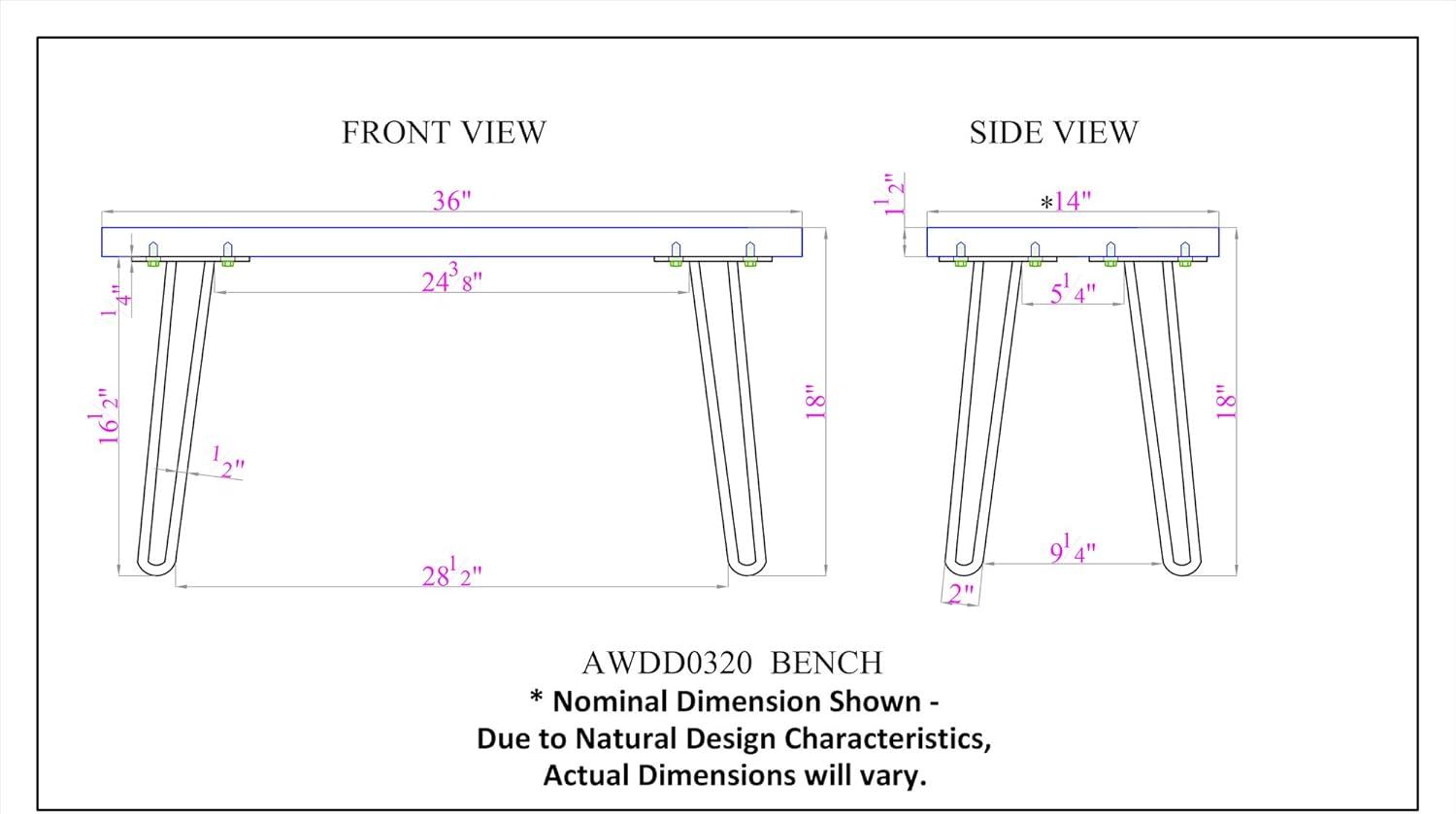 Handcrafted Natural Live Edge 38" Bench with Hairpin Metal Legs