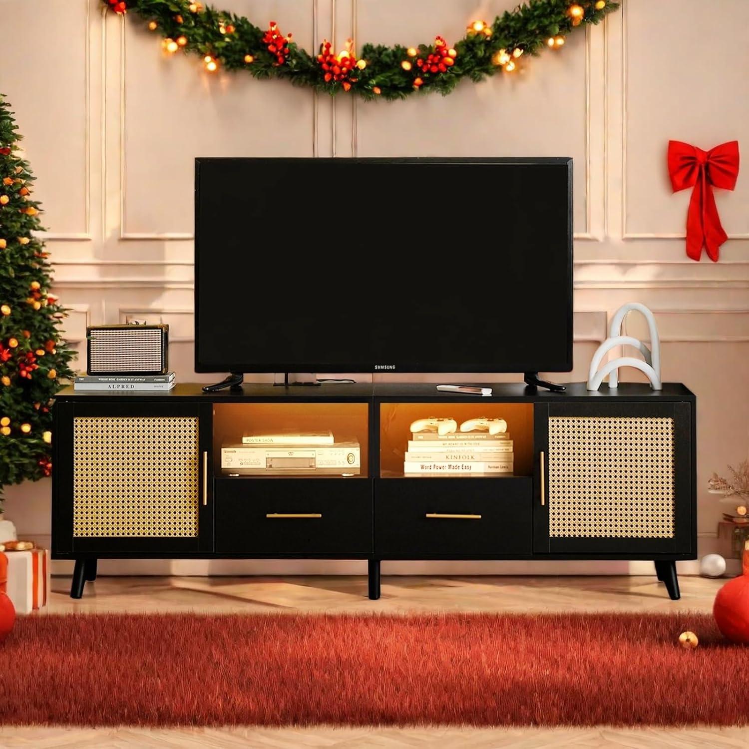 Bay Isle Home™ Heyer Large Wood Rattan TV Stand for TVs up to 75" with LED Light and Charging Station, Coastal Media Console Table, Multimedia Storage Furniture with 2 Drawers, Lighting TV Cabinet