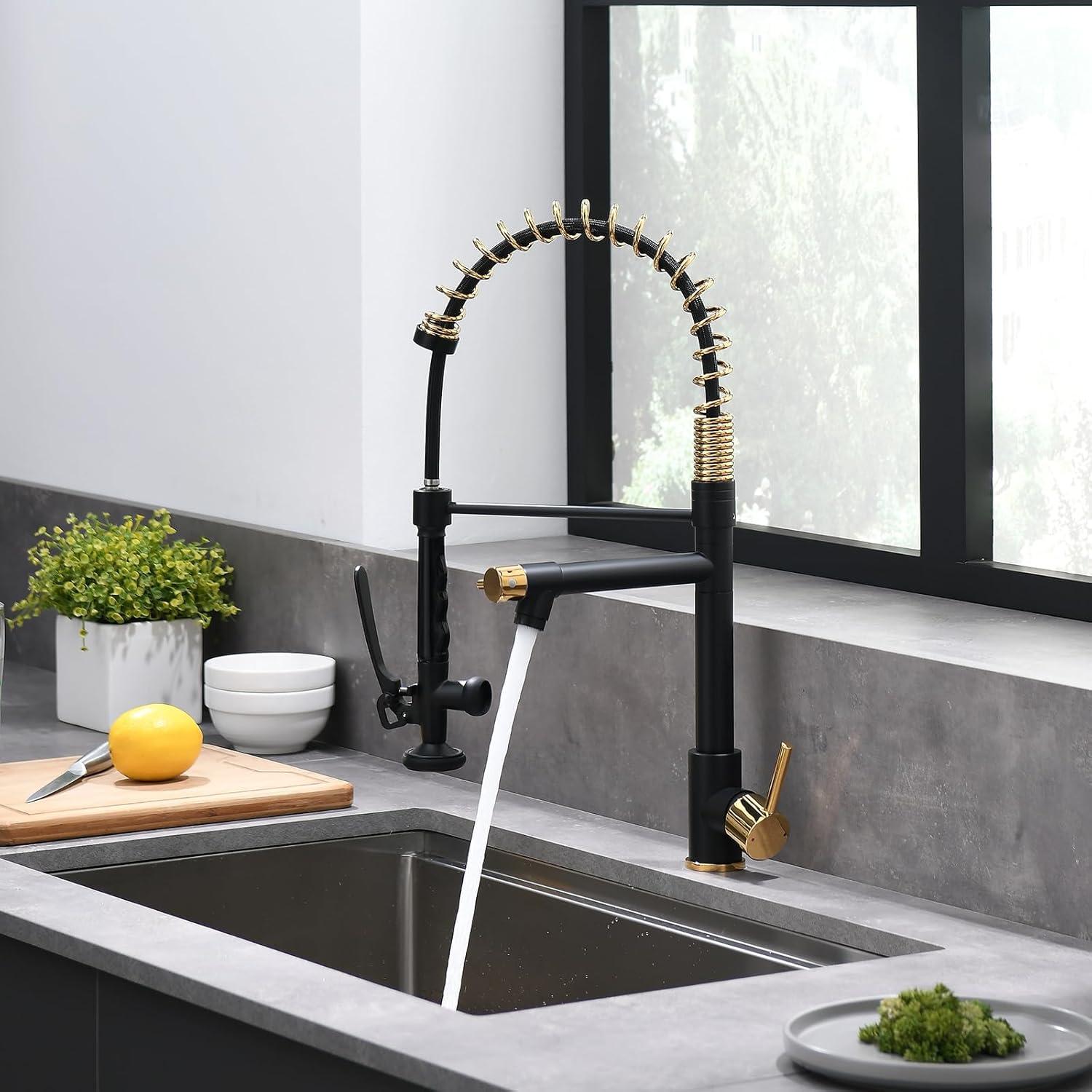 Matte Black and Gold Pull-Down Kitchen Faucet with Sprayer