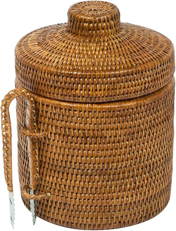 Honey Brown Handwoven Rattan Ice Bucket with Tongs