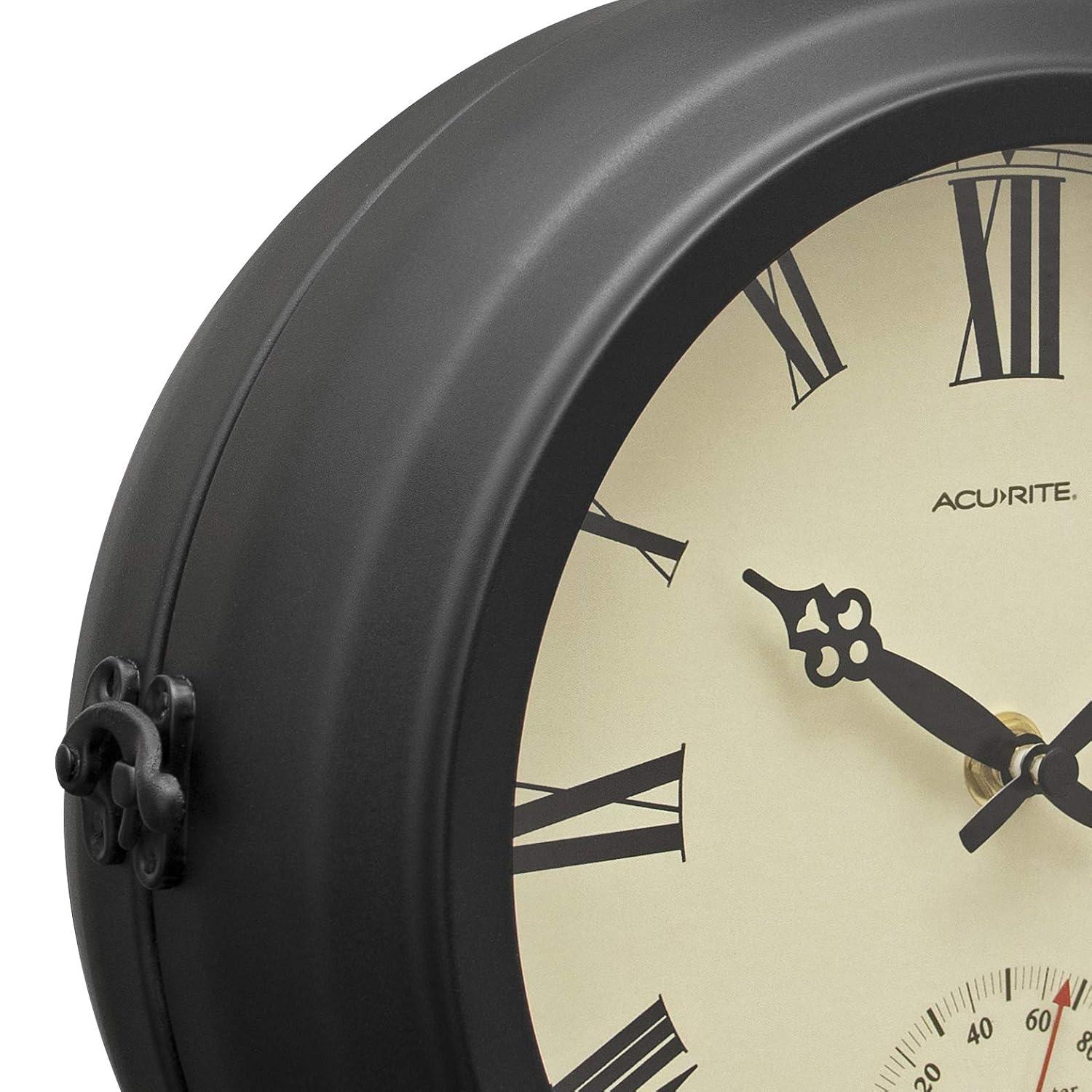 AcuRite 9-Inch Indoor/Outdoor Double-Sided Hanging Clock with 360-Degree Spin Functionality, Iron Metal Frame, Glass Lens, Quartz Crystal Movement, Weatherproof and Premium Thermometer (75140M),Black