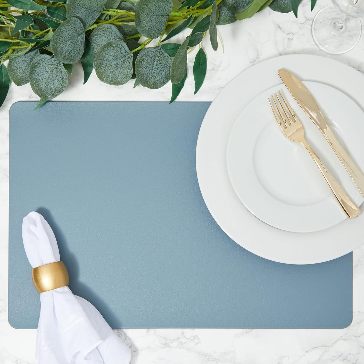 Juvale Set of 6 Blue Faux Leather Placemats for Dining Table, 17.75 x 11.75 Inches - Durable, Stylish, and Easy to Clean