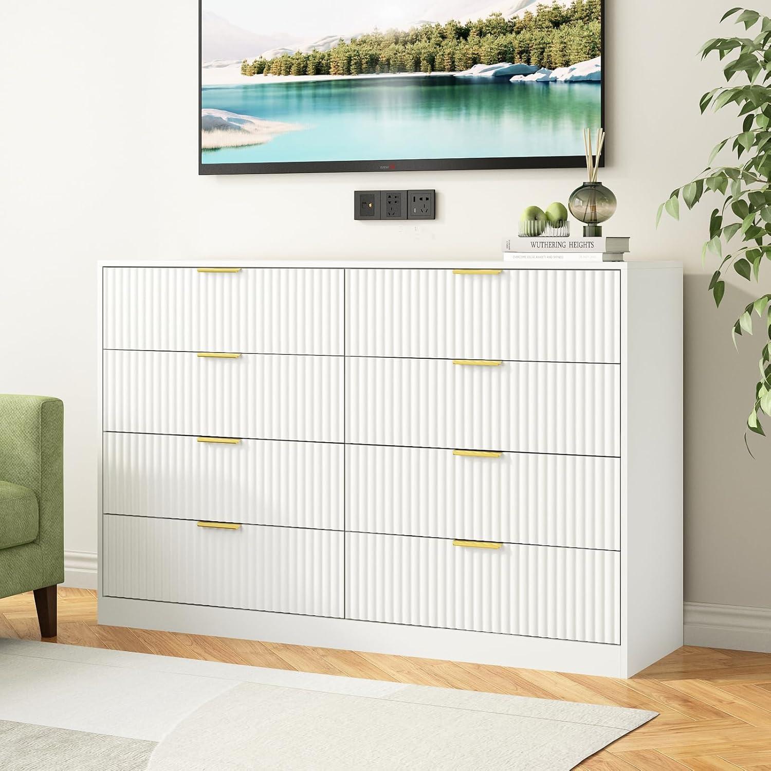 Fluted Dresser For Bedroom With 8 Drawers, 55" Wide Modern Chest Of Drawers With Metal Handle