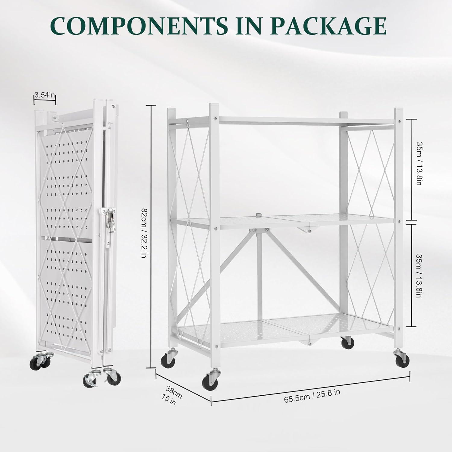 3-Tier Storage Shelves with Wheels, Folding Bookshelf No Assembly, Metal Display Shelf for Balcony, Kitchen, Basement, Pantry, White