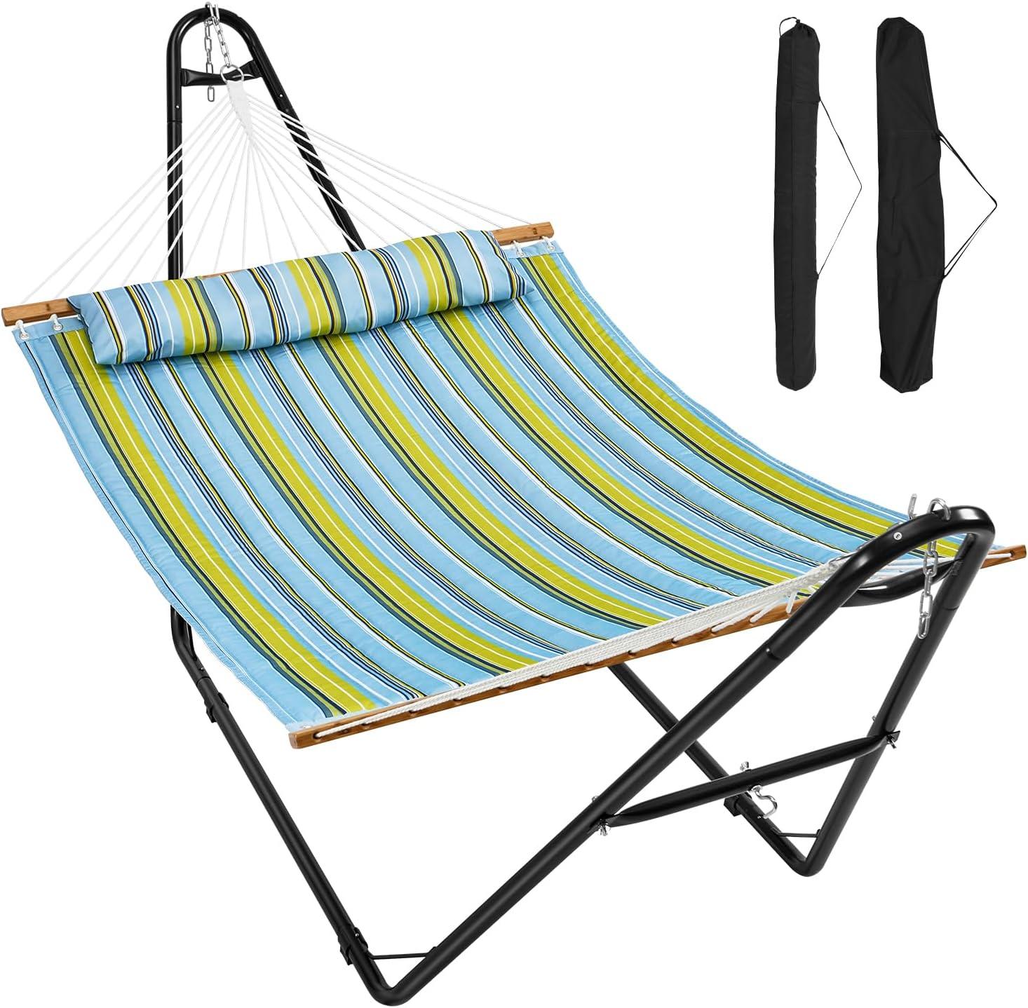 Double Quilted Blue and Green Fabric Hammock with Steel Stand