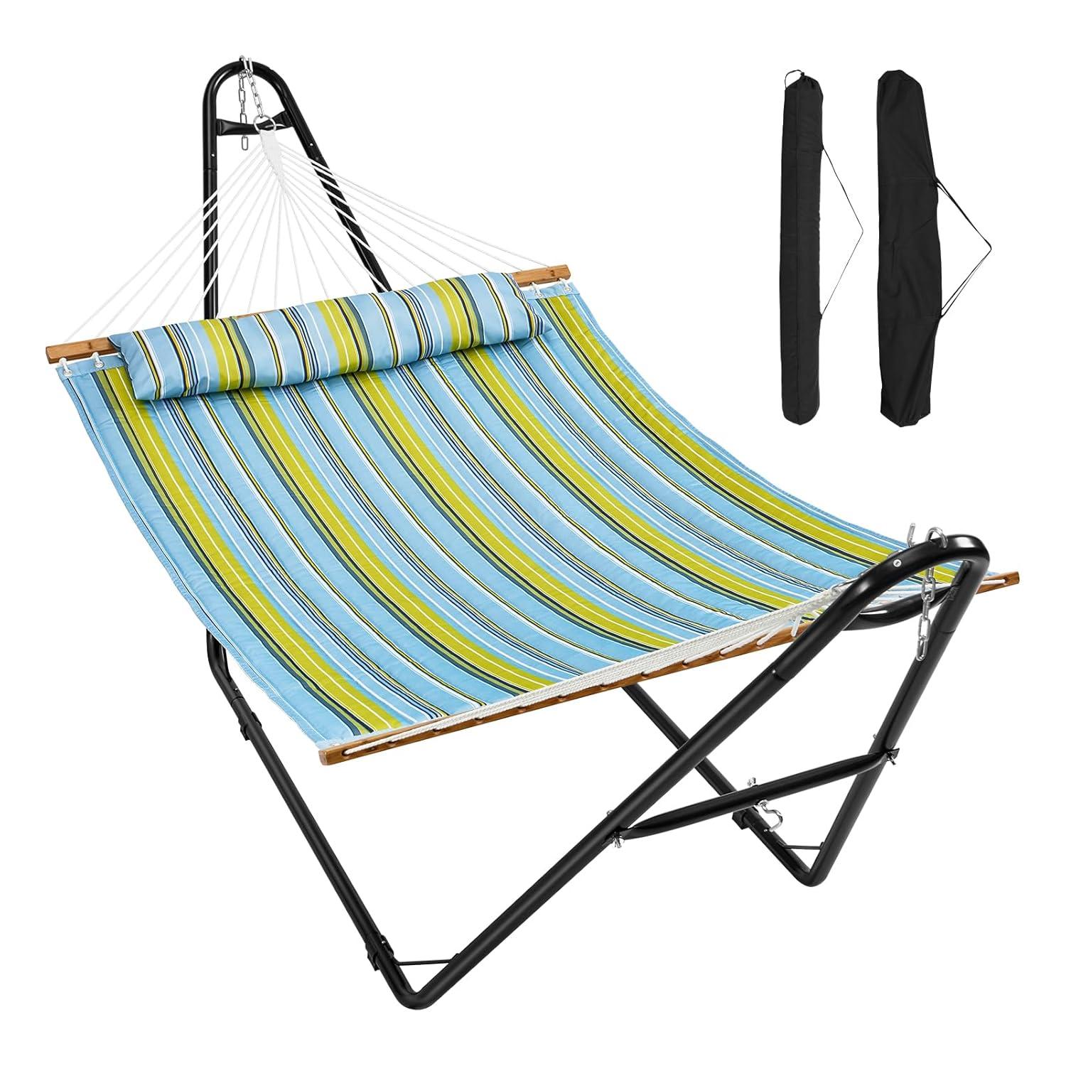 2 Person 12.3 ft Hammock with Stand Included Double Hammock with Curved Spreader Bar and Detachable Pillow