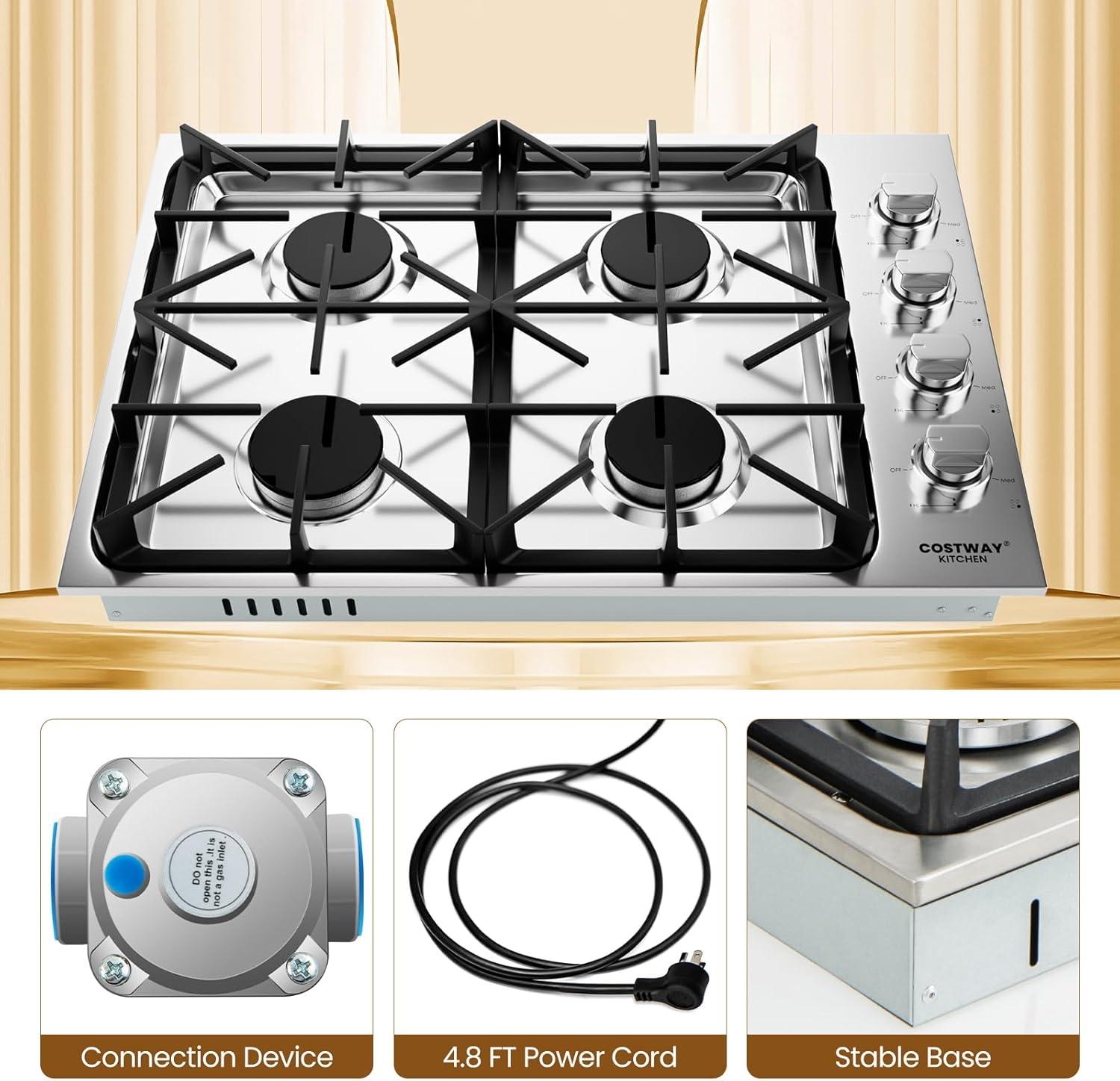 Costway 30" Gas Cooktop with 4 Sealed Burners ABS Knobs Cast Iron Grates Easy Cleaning