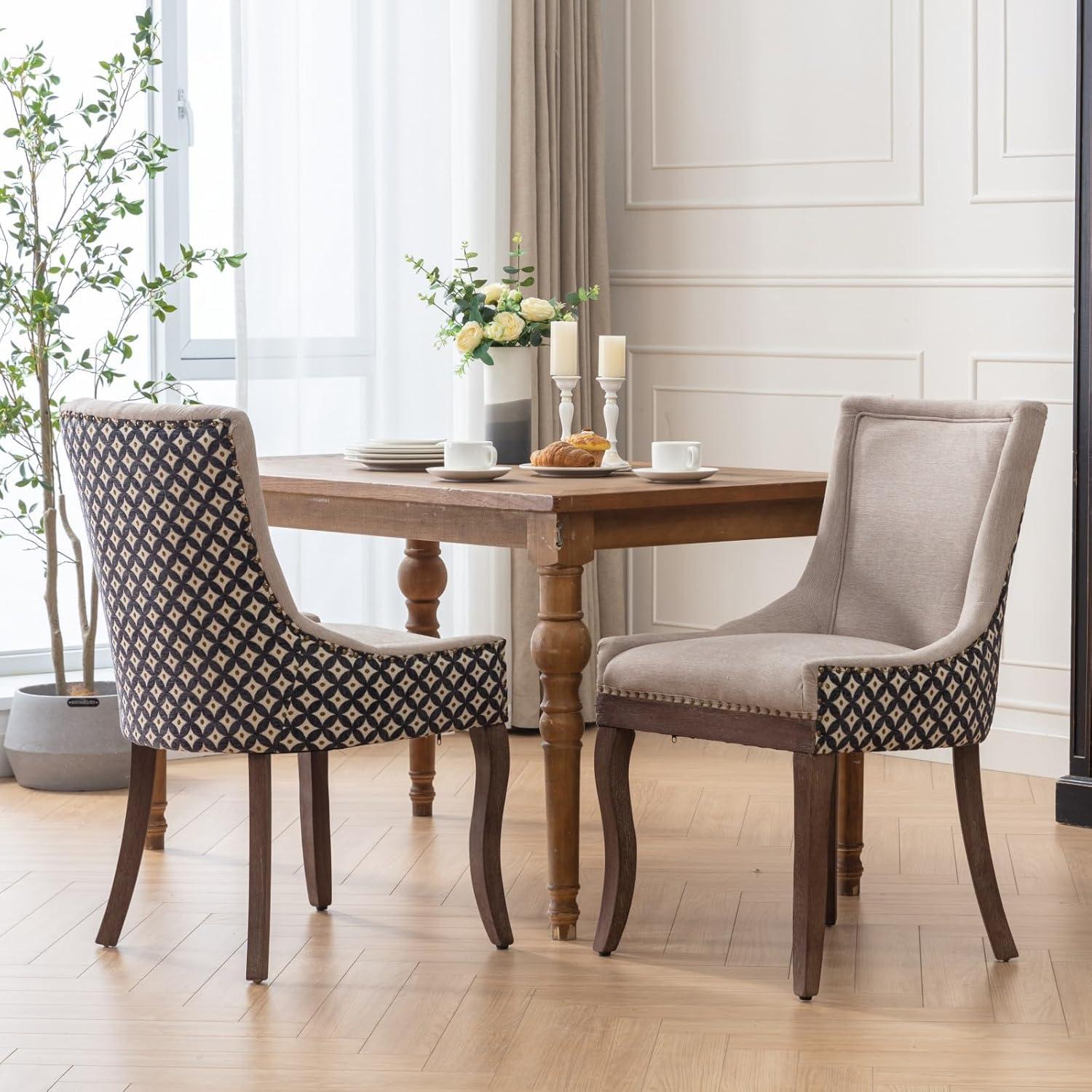 Beige and Black Upholstered Dining Chairs with Wood Legs