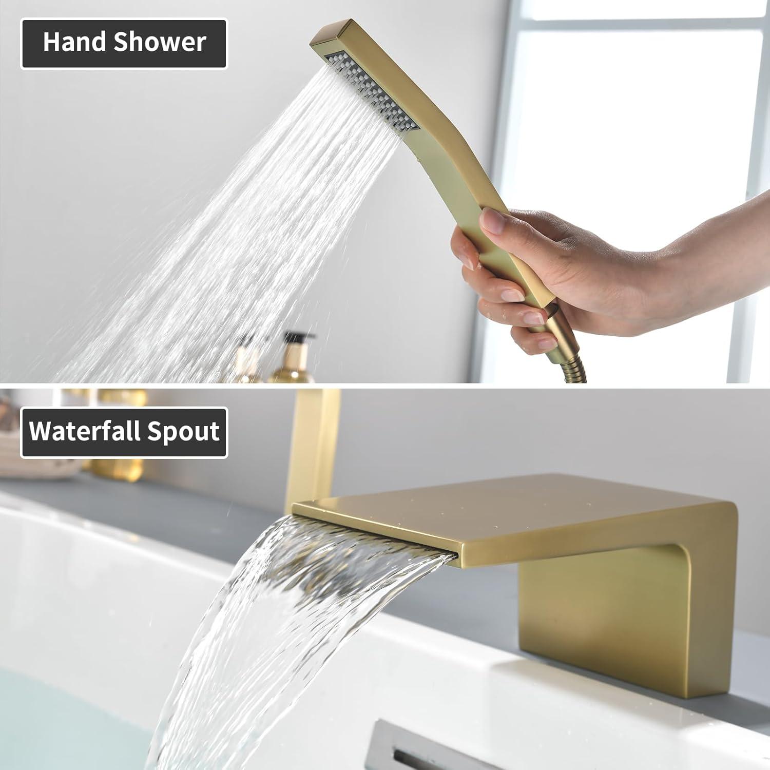 Brushed Gold Single Handle Waterfall Tub Faucet with Hand Shower