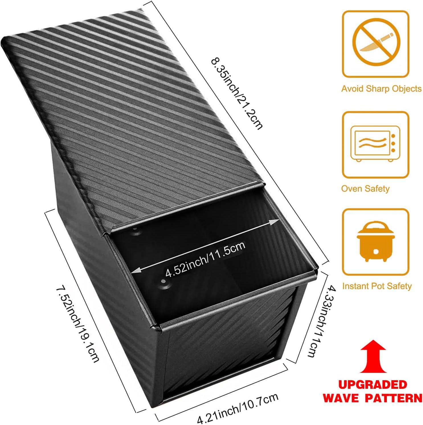 Black Pullman Loaf Pan with Lid, 1 lb Dough Capacity, Nonstick Bread Toast Mold with Cover, Carbon Steel Corrugated Bread Mould Bakeware