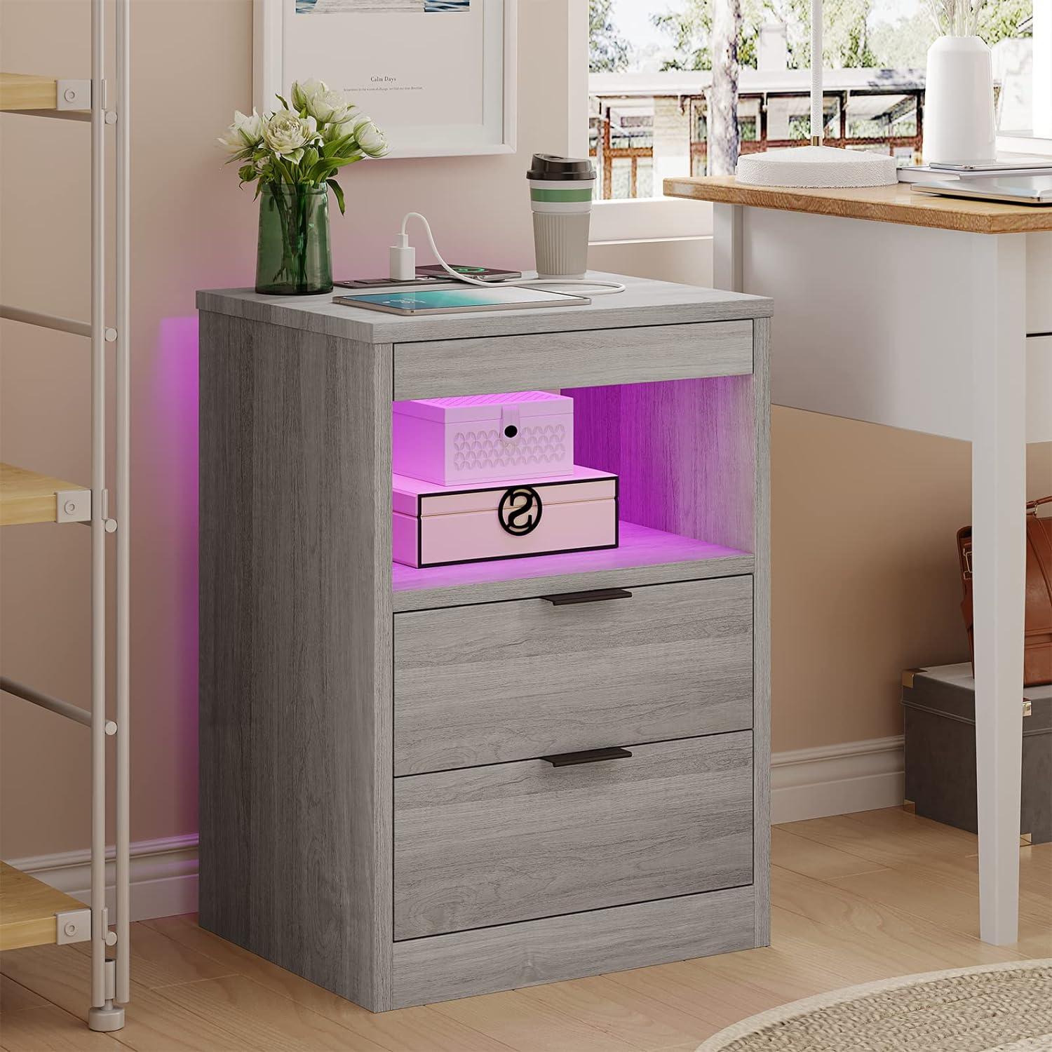 Exlonjet Black Nightstand with Wireless Charging Station and LED Lights, Bedside Table with 2 Drawers, Open Storage, 1 Pull-Out Tray, End Side Table with Charging Station, LED Night Stand with Storage