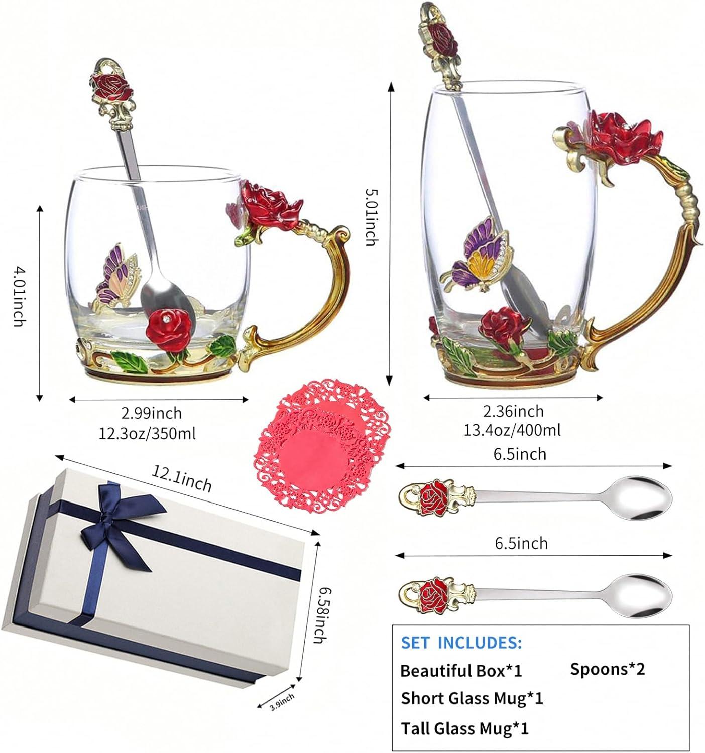 Glass Fancy Tea Cup Set Birthday Christmas Valentine's Day Gift Idea for Tea Lover and Women Novelty Coffee Mugs Rose Flower Enamel Glass Mug with Spoon