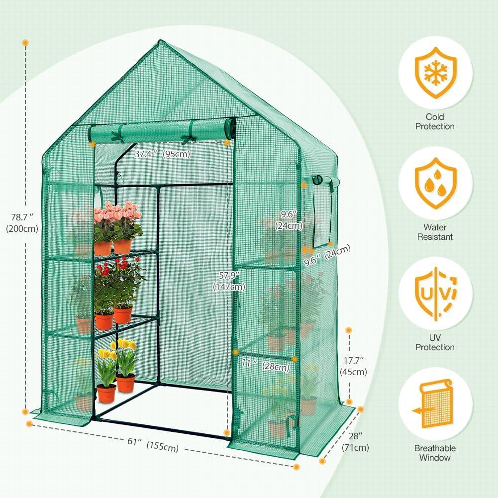 EAGLE PEAK 61'' x 28'' x 79'' Walk-in Greenhouse with 2 Tier 4 Shelves, Zipper Entry Door, and 2 Side Windows