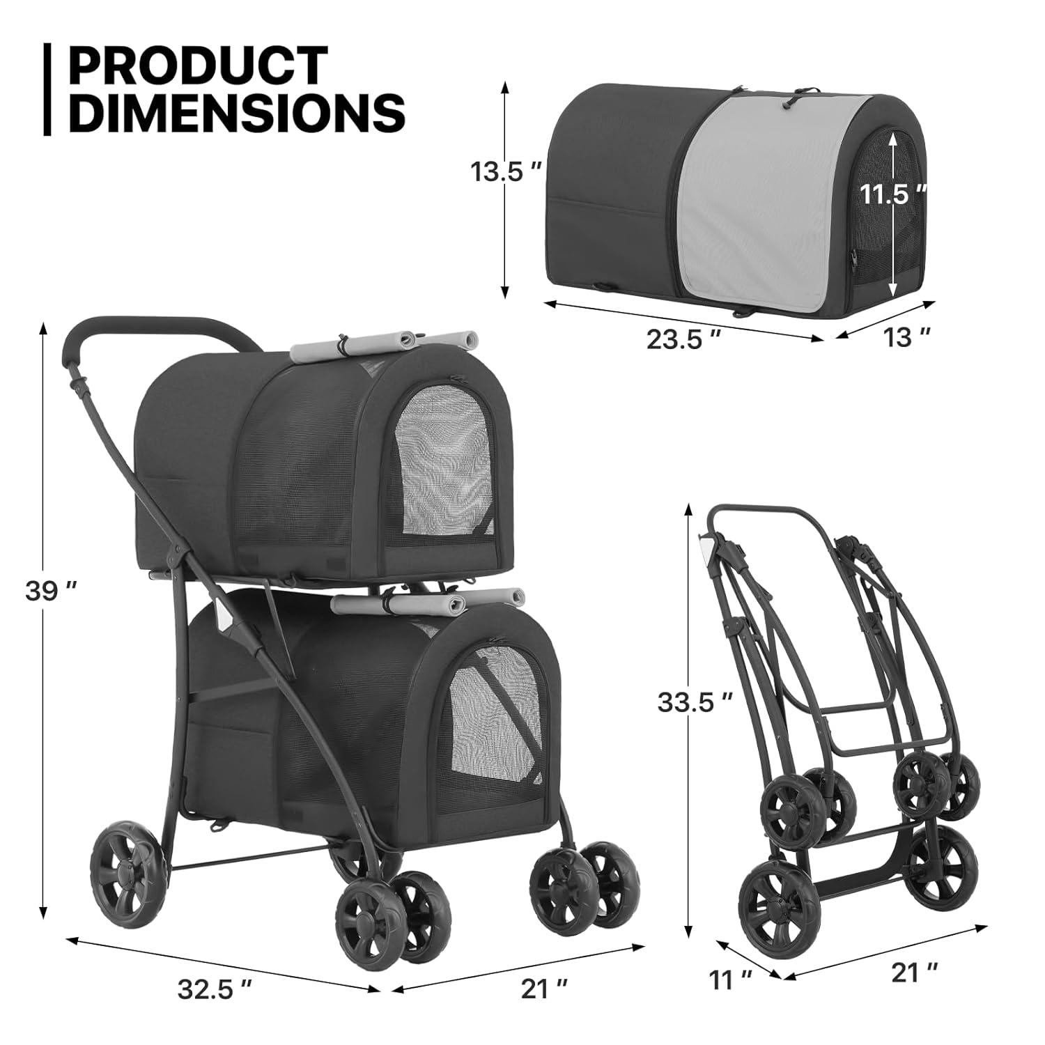 MoNiBloom 4 in 1 Double Pet Stroller, Foldable Cat Stroller for 2 Cats/Dogs with Detachable Carrier Bags & Rear Brakes, Black/Gray