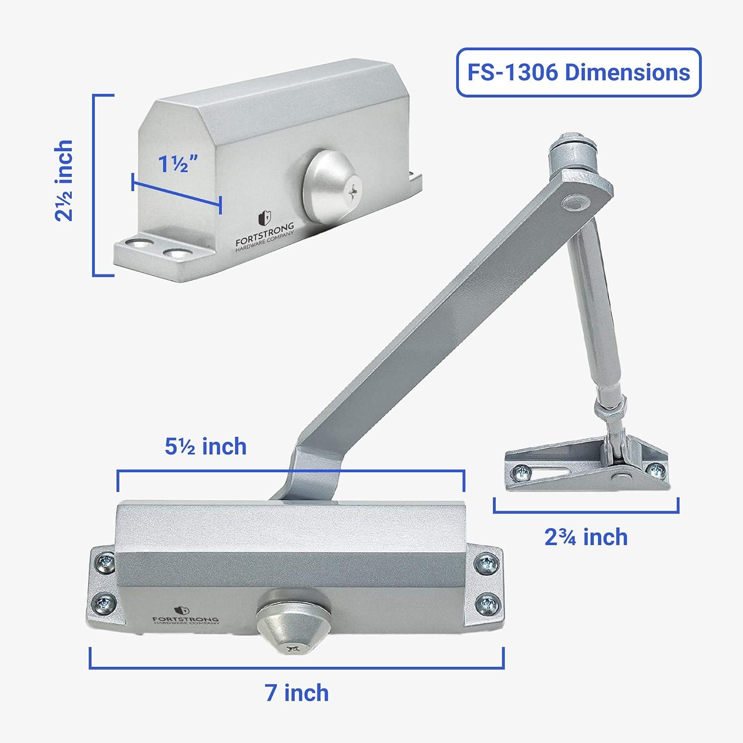 FortStrong FS-1306 Grade 3 Spring Hydraulic Door Closer with Mounting Hardware, Adjustable, Automatic, Silver
