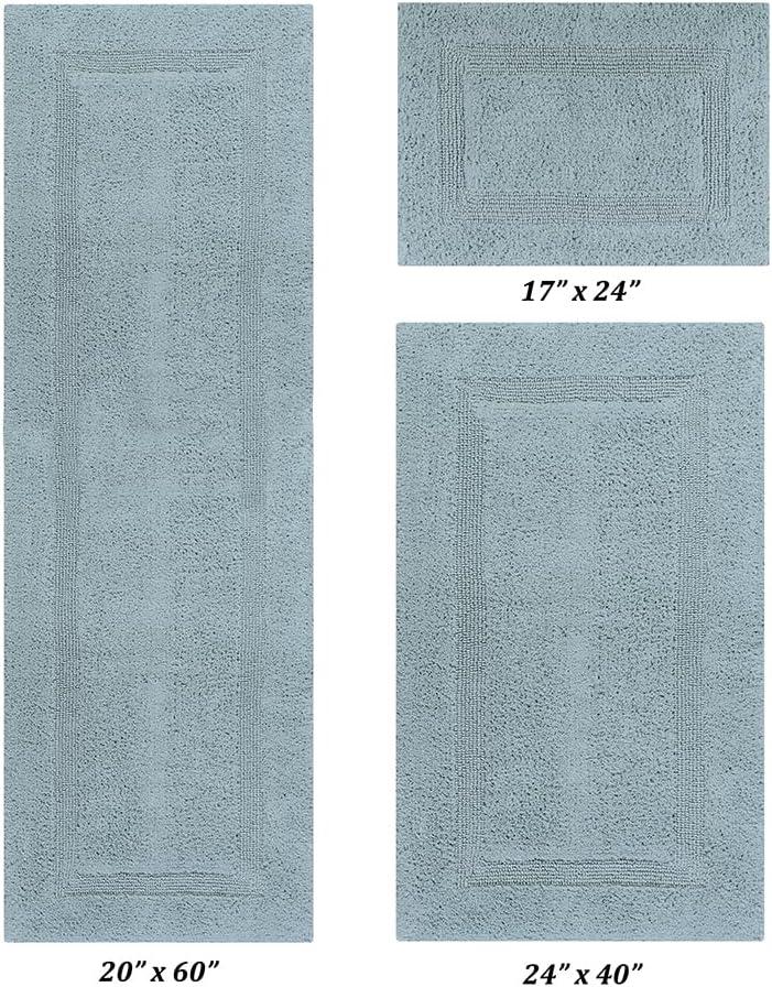 Better Trends Lux 100% Cotton Tufted Solid Reversible Bath Rug Set 3 PC (17" x 24" | 24" x 40" | 20" x 60") - Blue